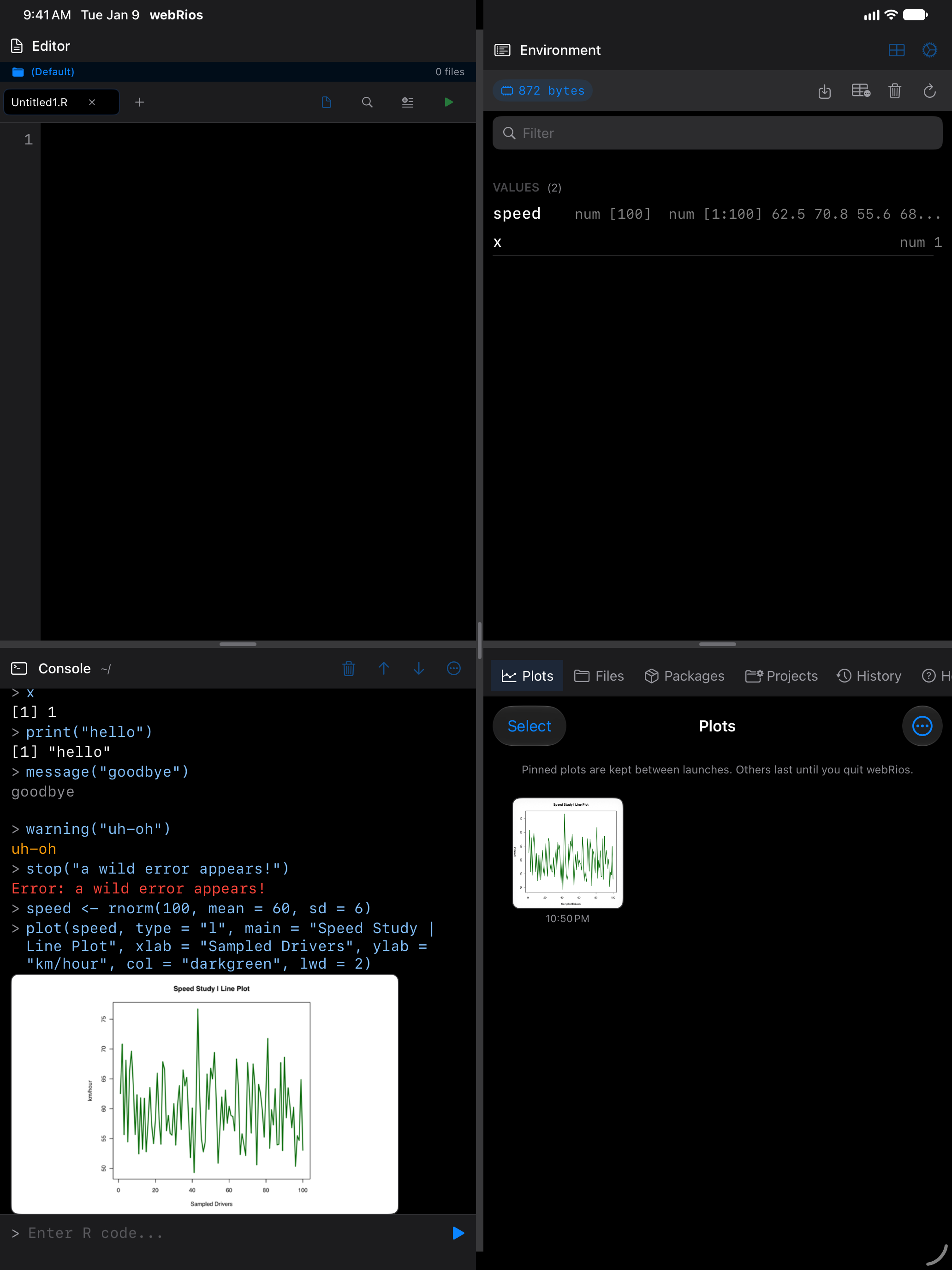 Speed line plot in Plots tab on iPad