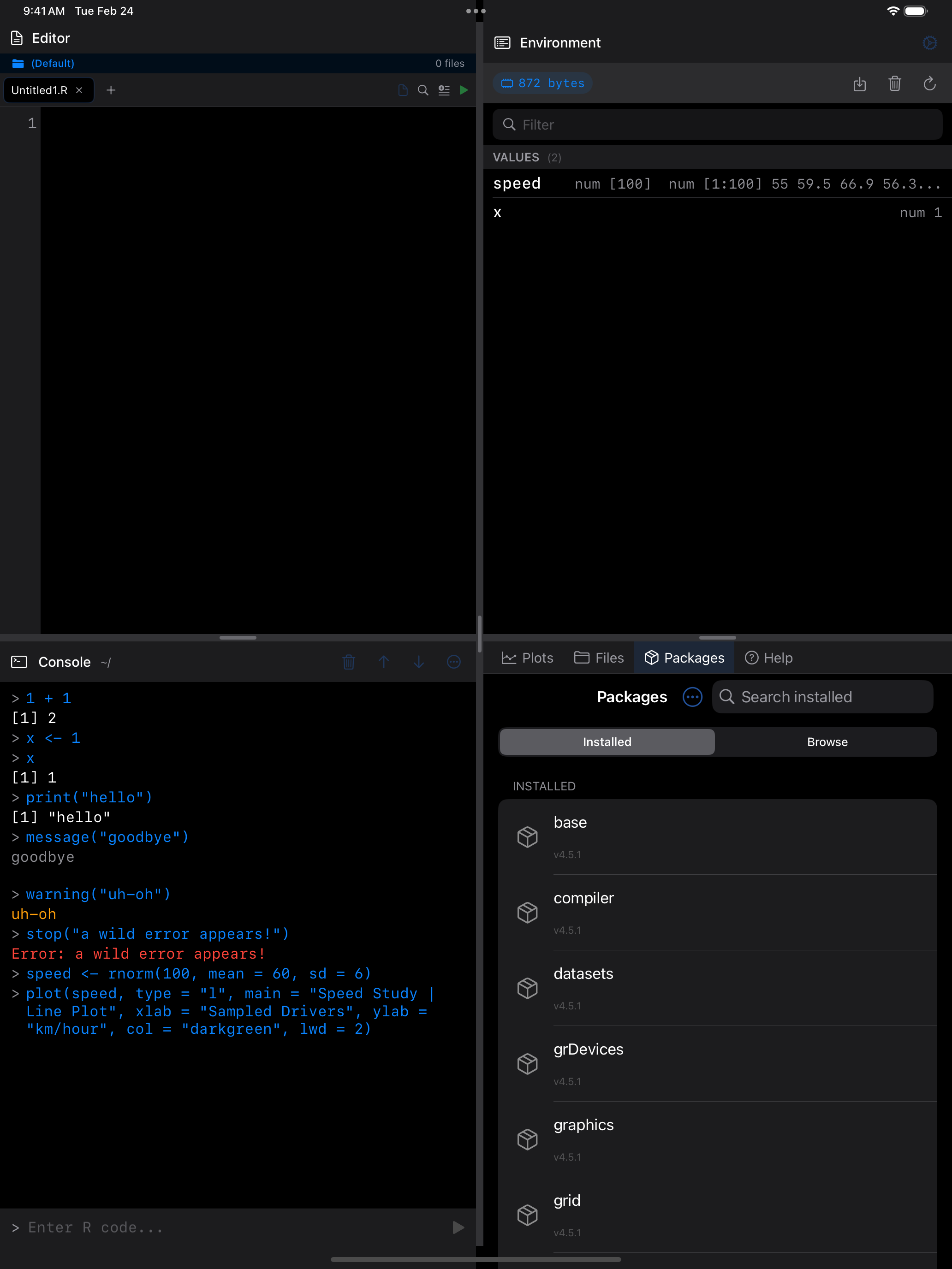 Packages tab on iPad in dark mode