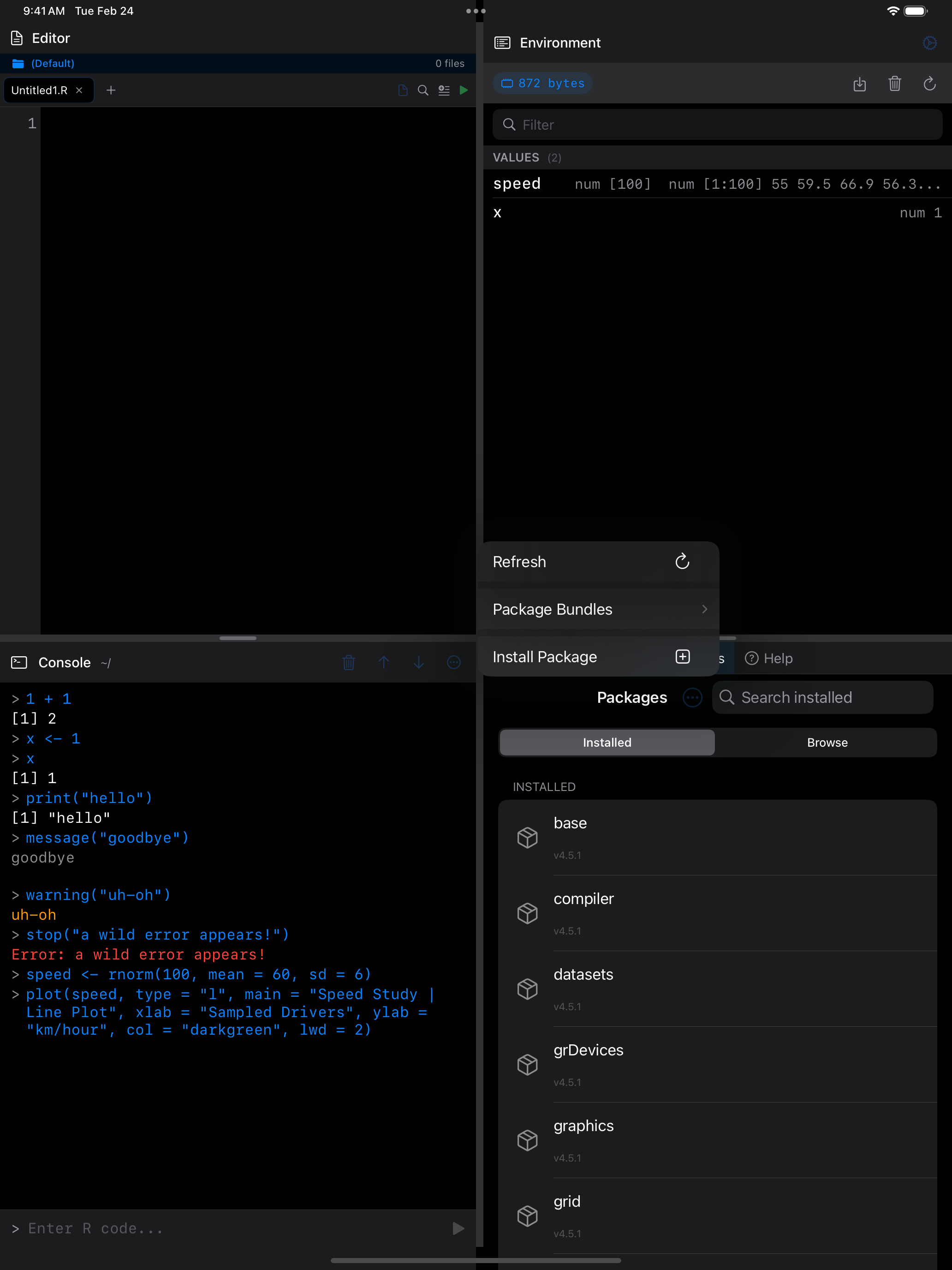 Packages menu showing Install Package option on iPad in dark mode