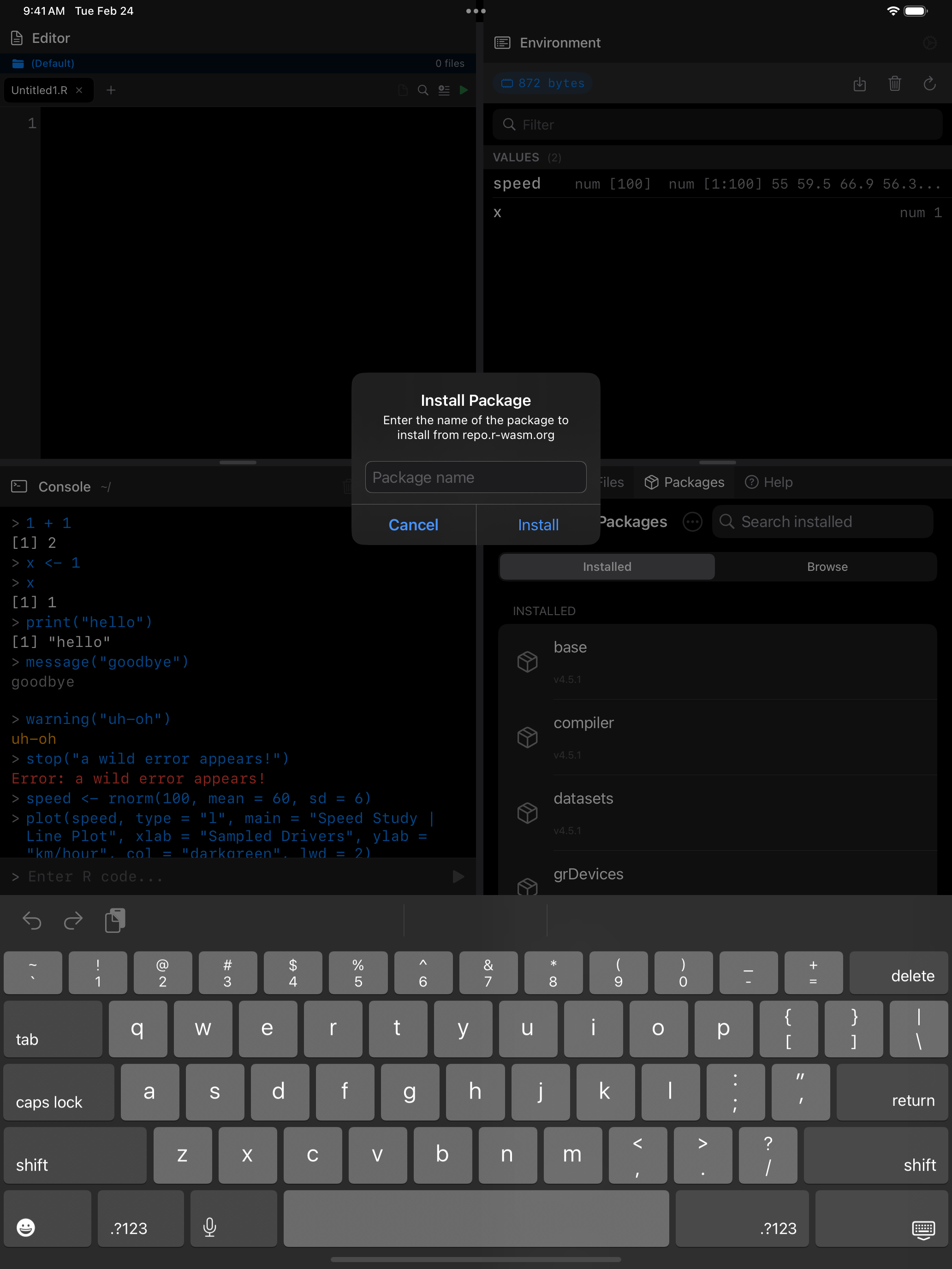 Install Package dialog on iPad in dark mode