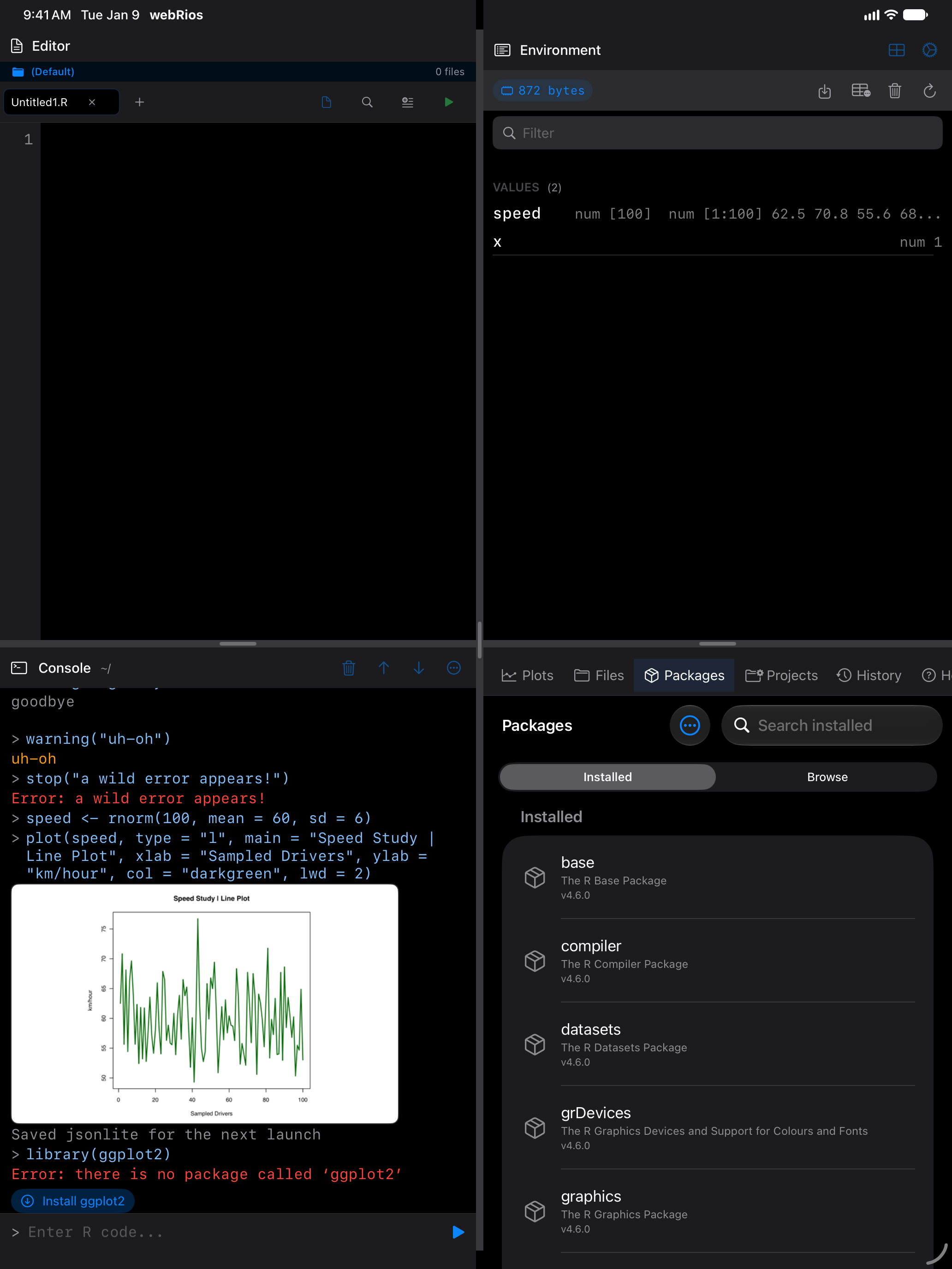 Console on iPad showing the error there is no package called ggplot2, with an Install ggplot2 button under it, in dark mode