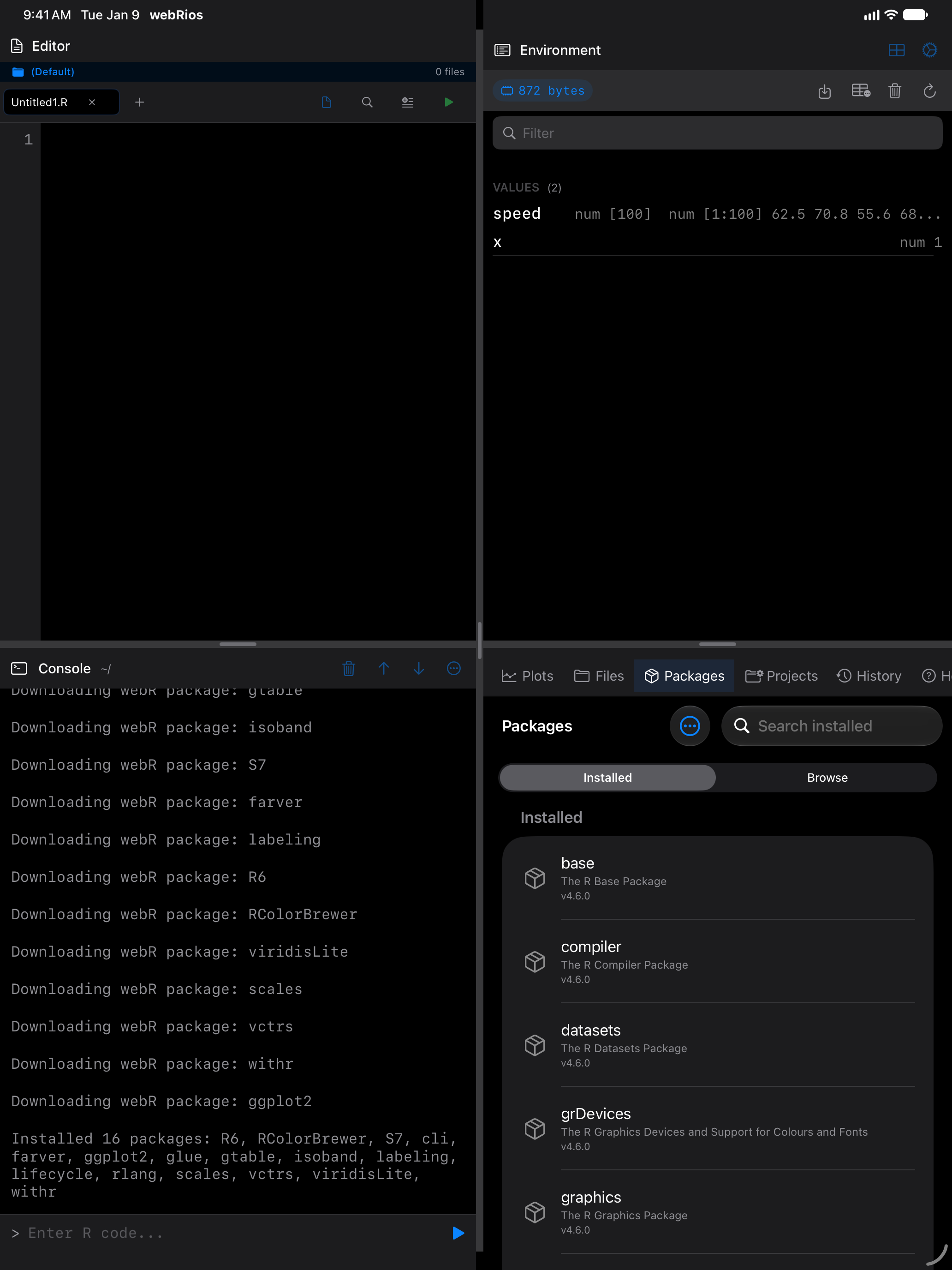 Console on iPad with a Downloading webR package line for each dependency and then ggplot2, followed by Installed 16 packages and their names, in dark mode