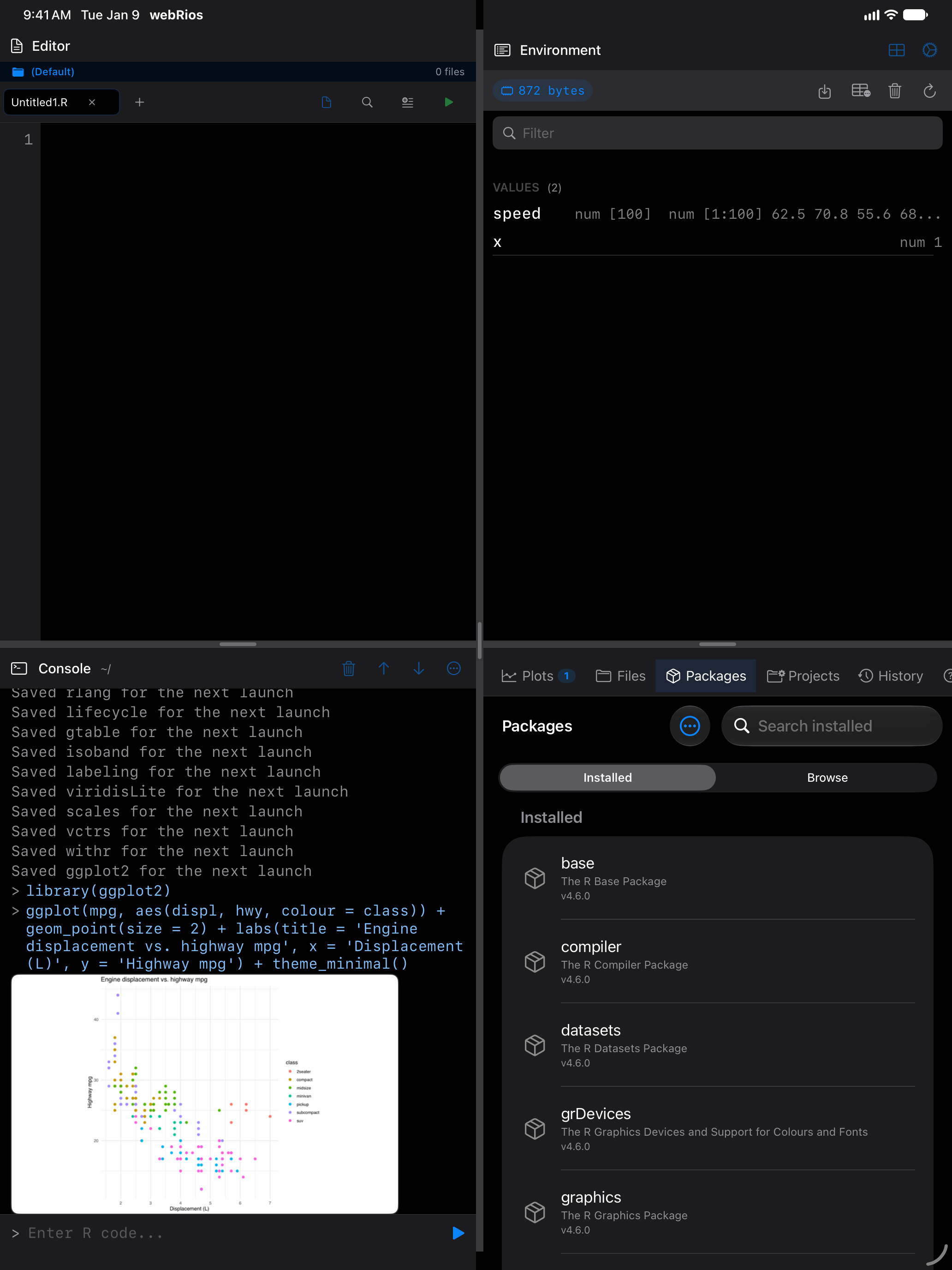A ggplot2 scatter plot rendered inline in the console on iPad in dark mode
