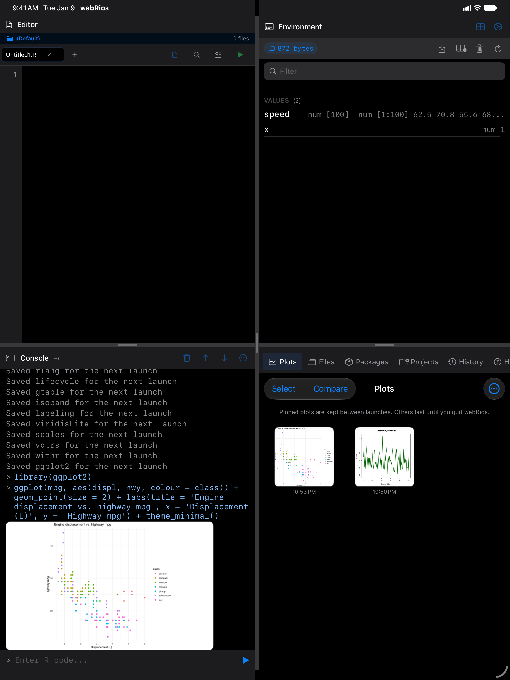 The ggplot2 chart in the Plots gallery on iPad in dark mode