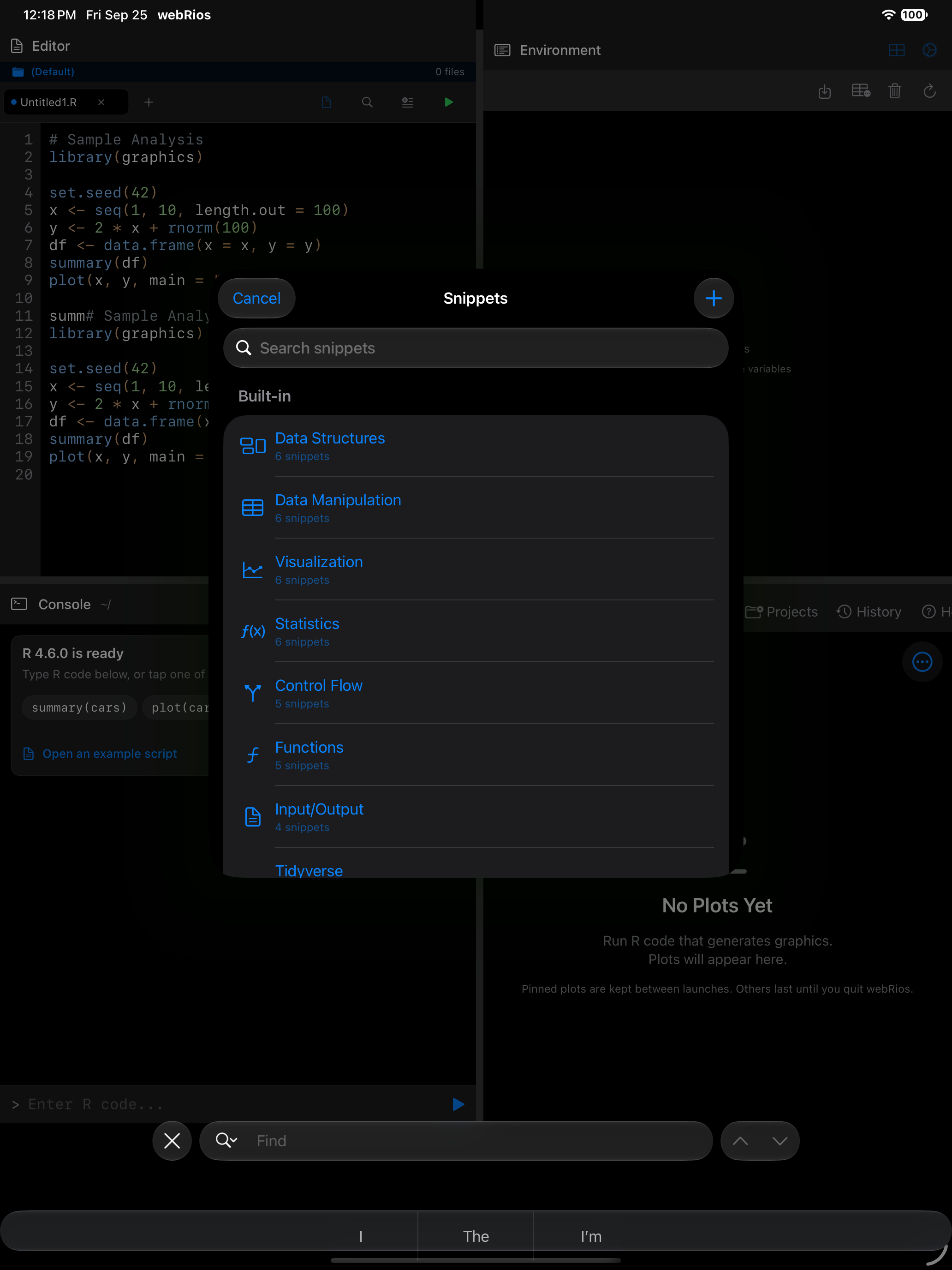 The snippets list in the editor on iPad