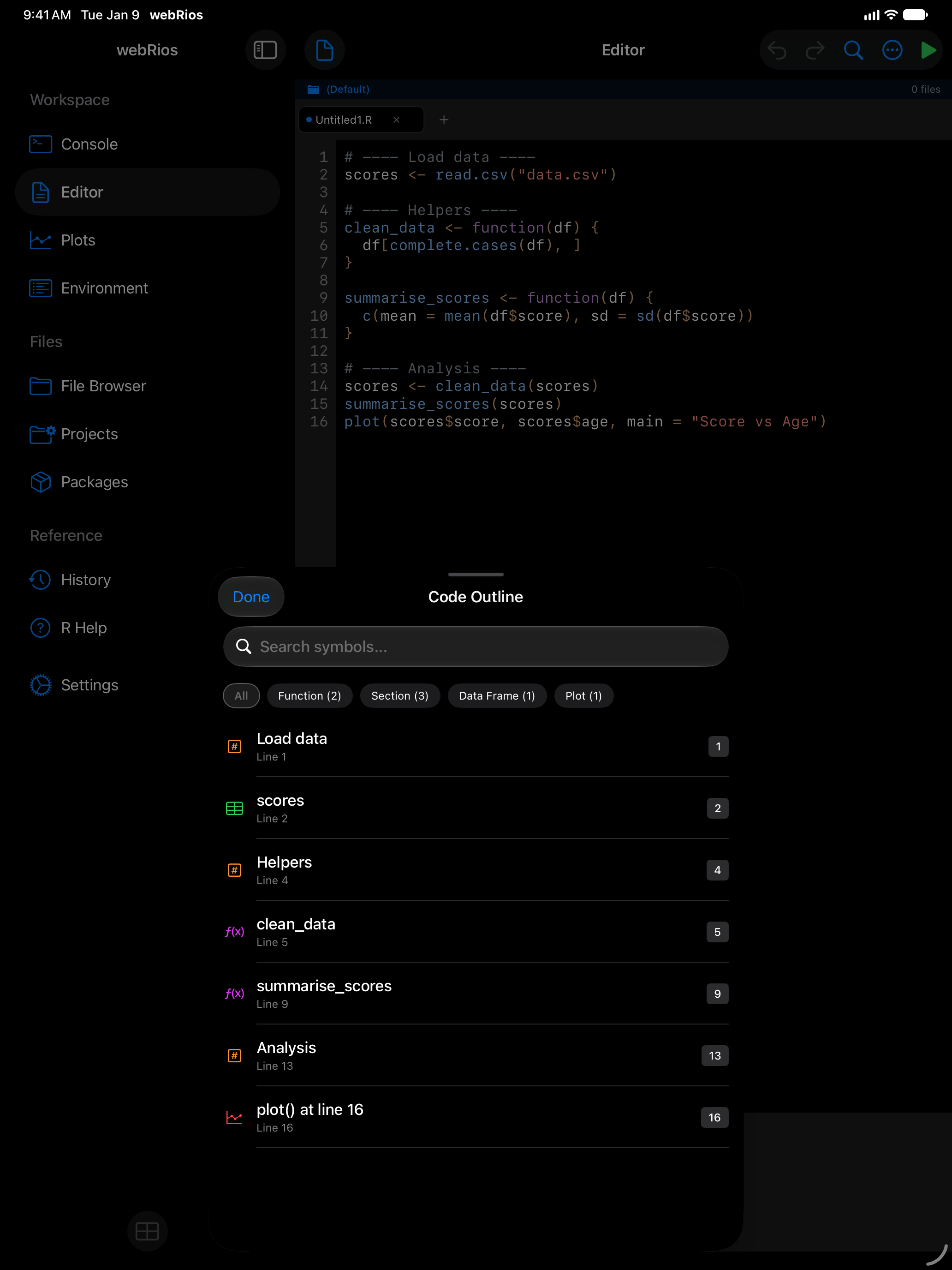 Code outline listing functions on iPad in dark mode
