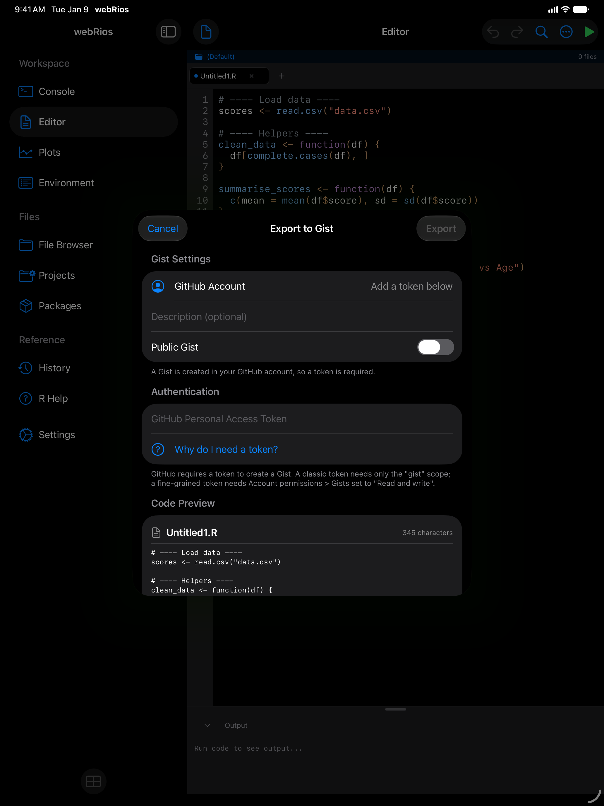 Gist export sheet on iPad in dark mode