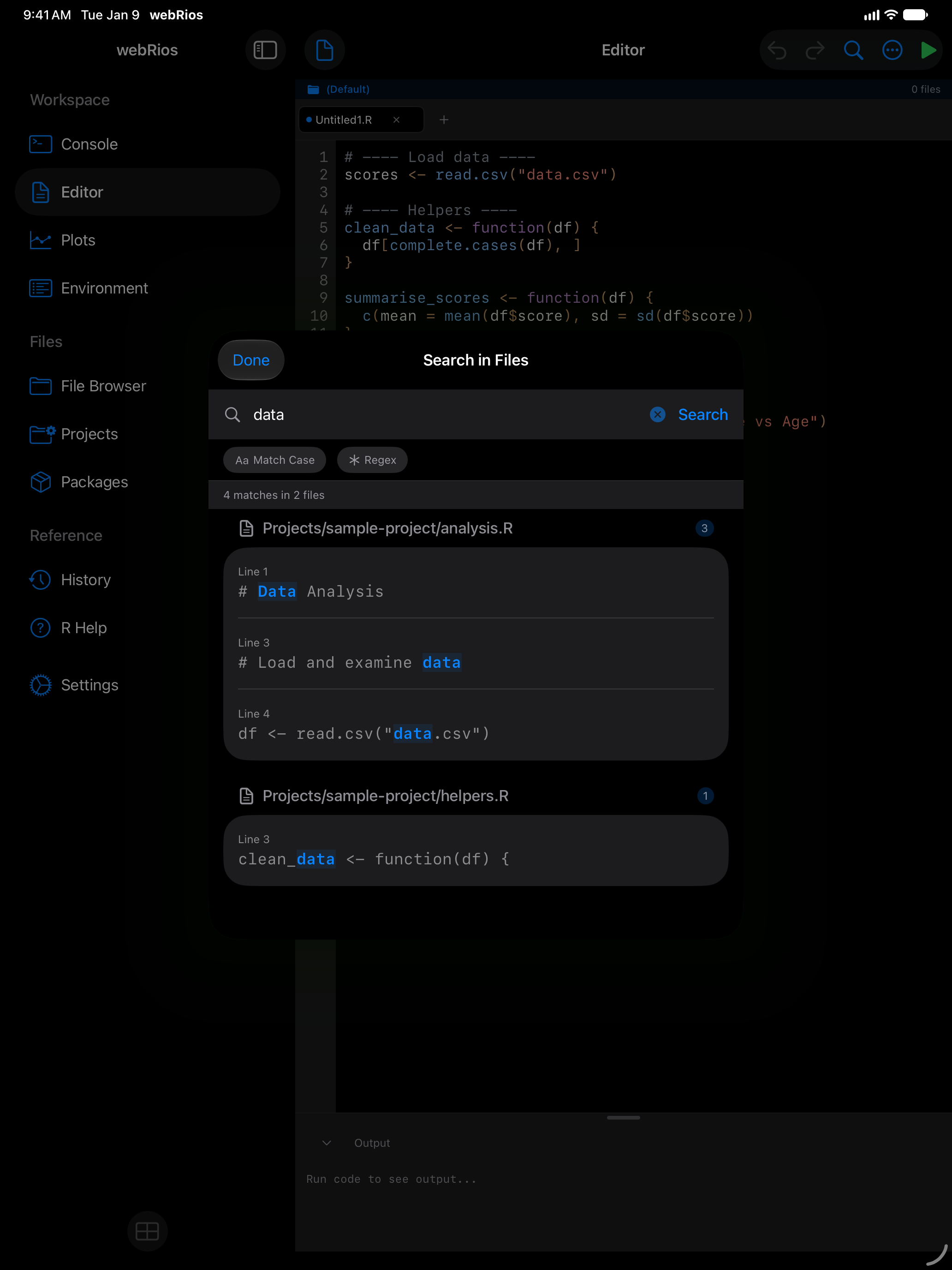 Search across files results on iPad in dark mode