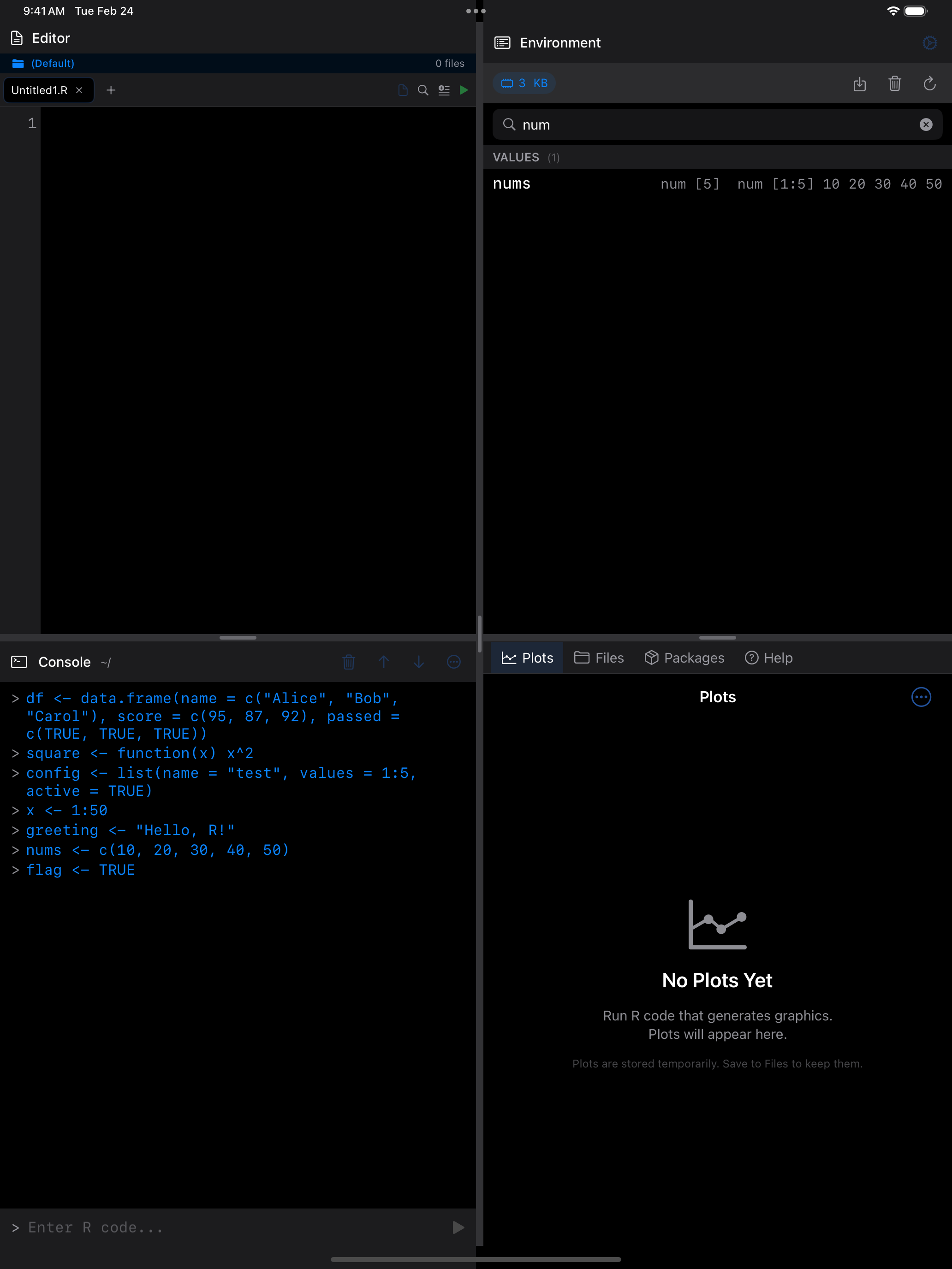 Environment tab on iPad in dark mode with search bar filtering variables