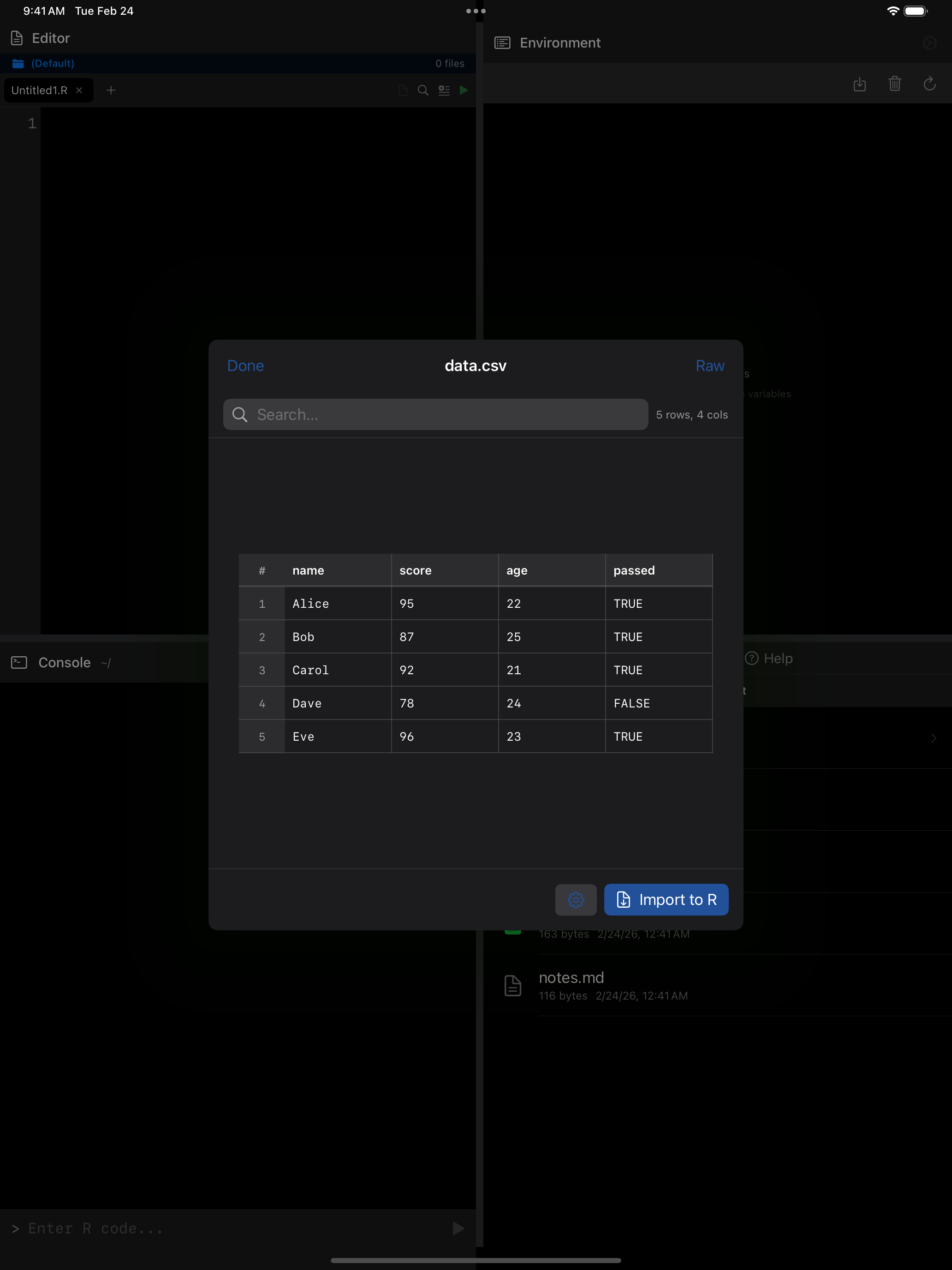 CSV table preview on iPad in dark mode