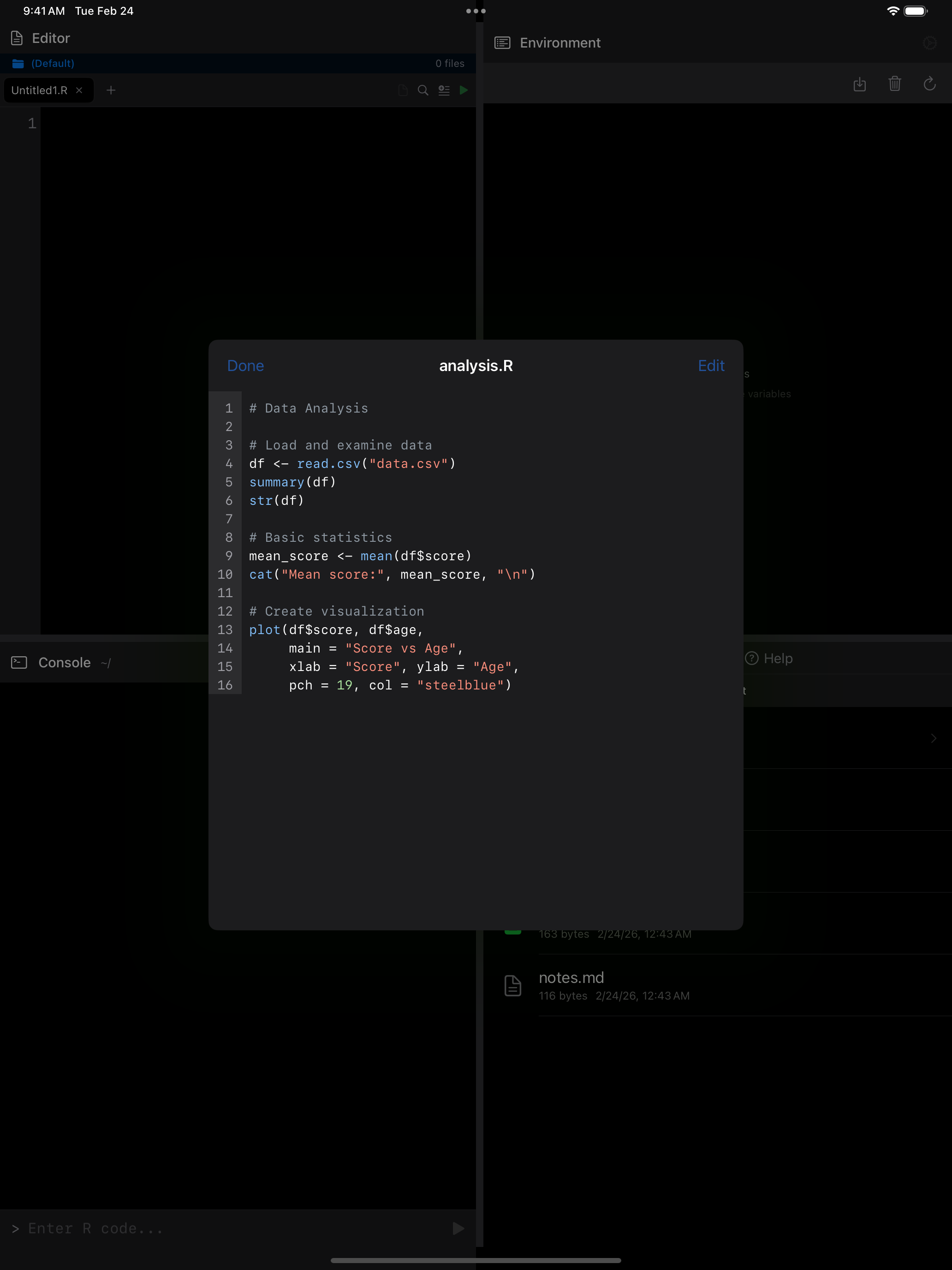 R script viewer with syntax highlighting on iPad in dark mode