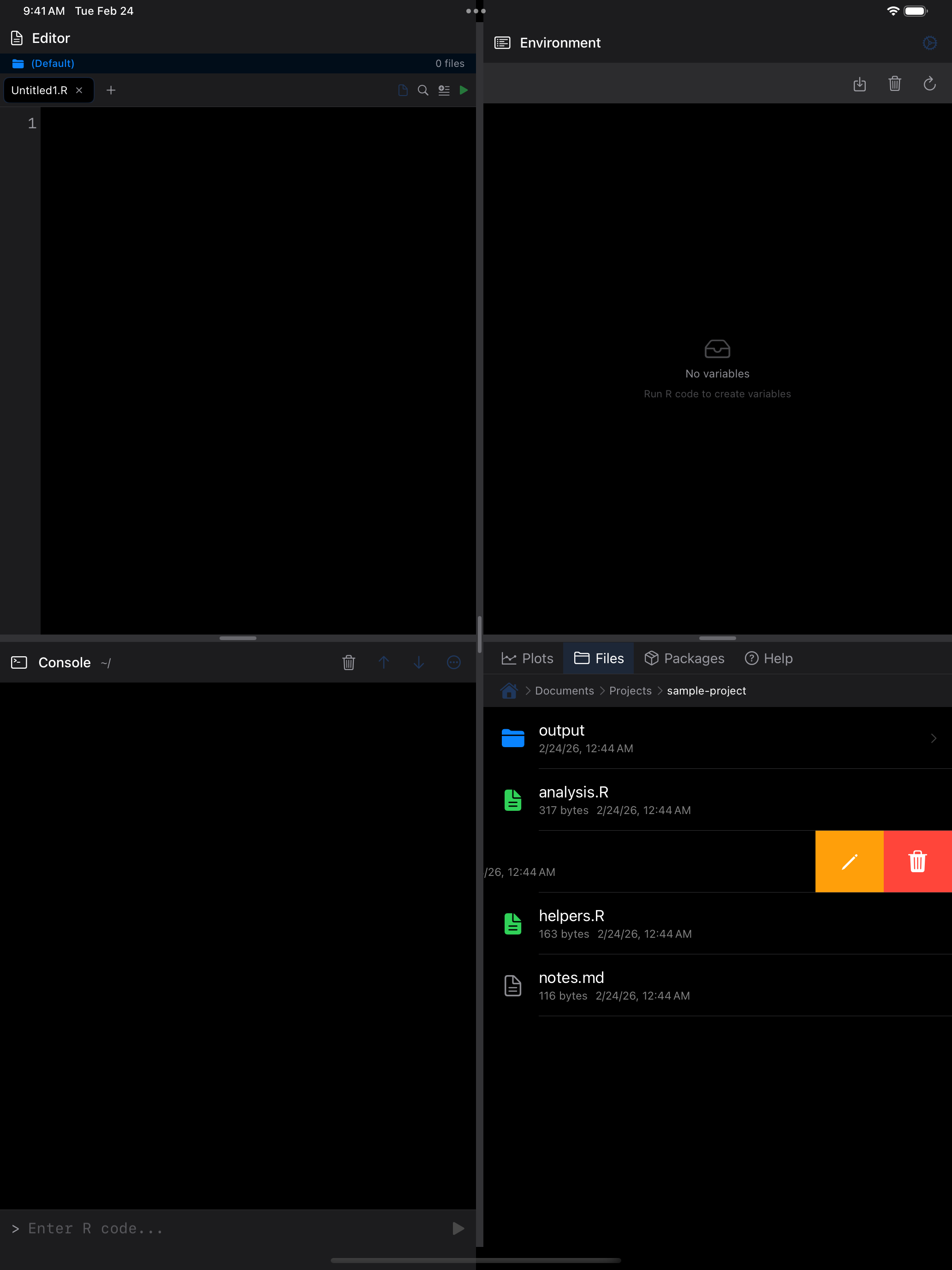 Swipe actions showing Delete and Rename buttons on iPad in dark mode