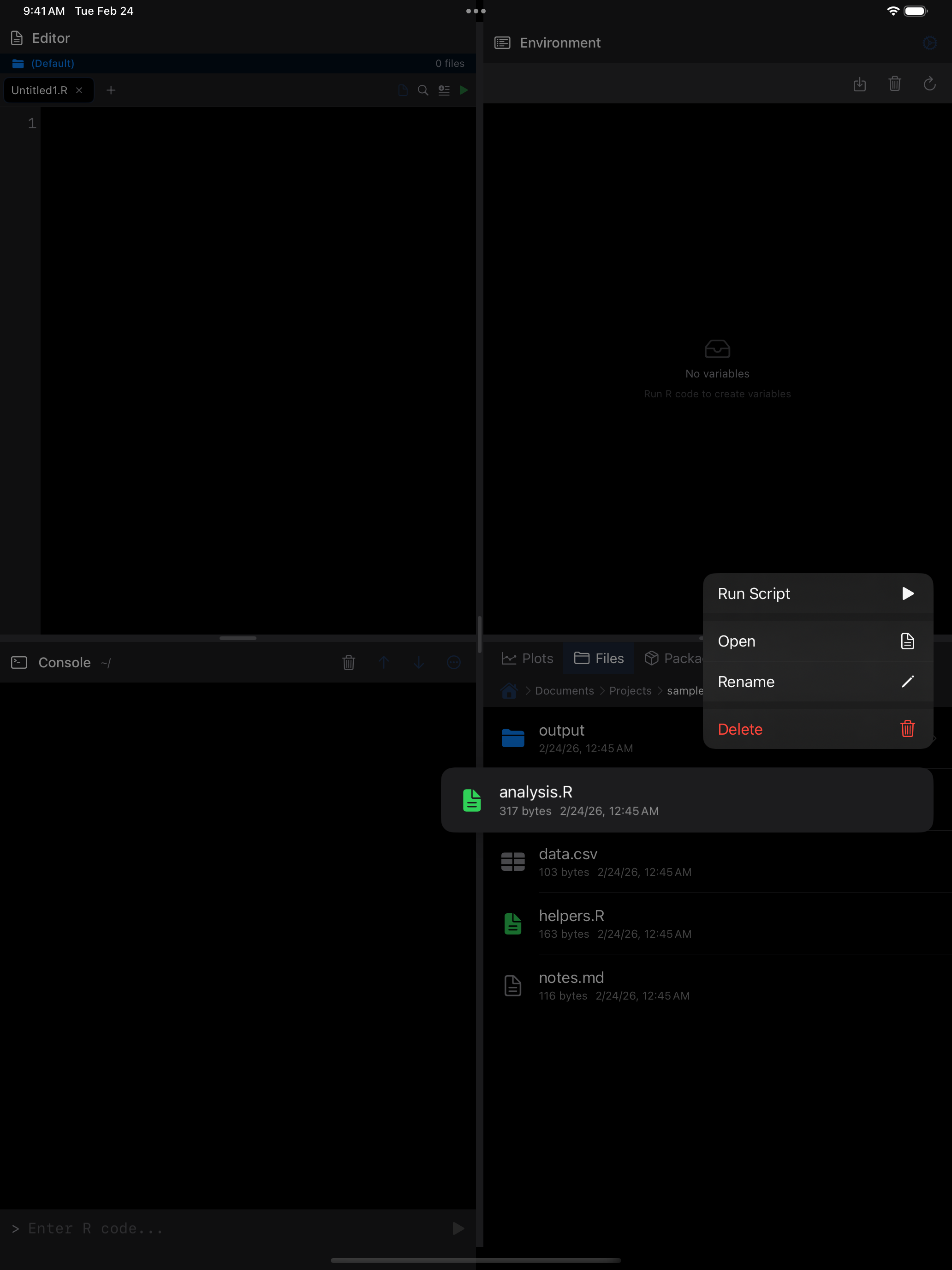Long-press context menu on R script on iPad in dark mode