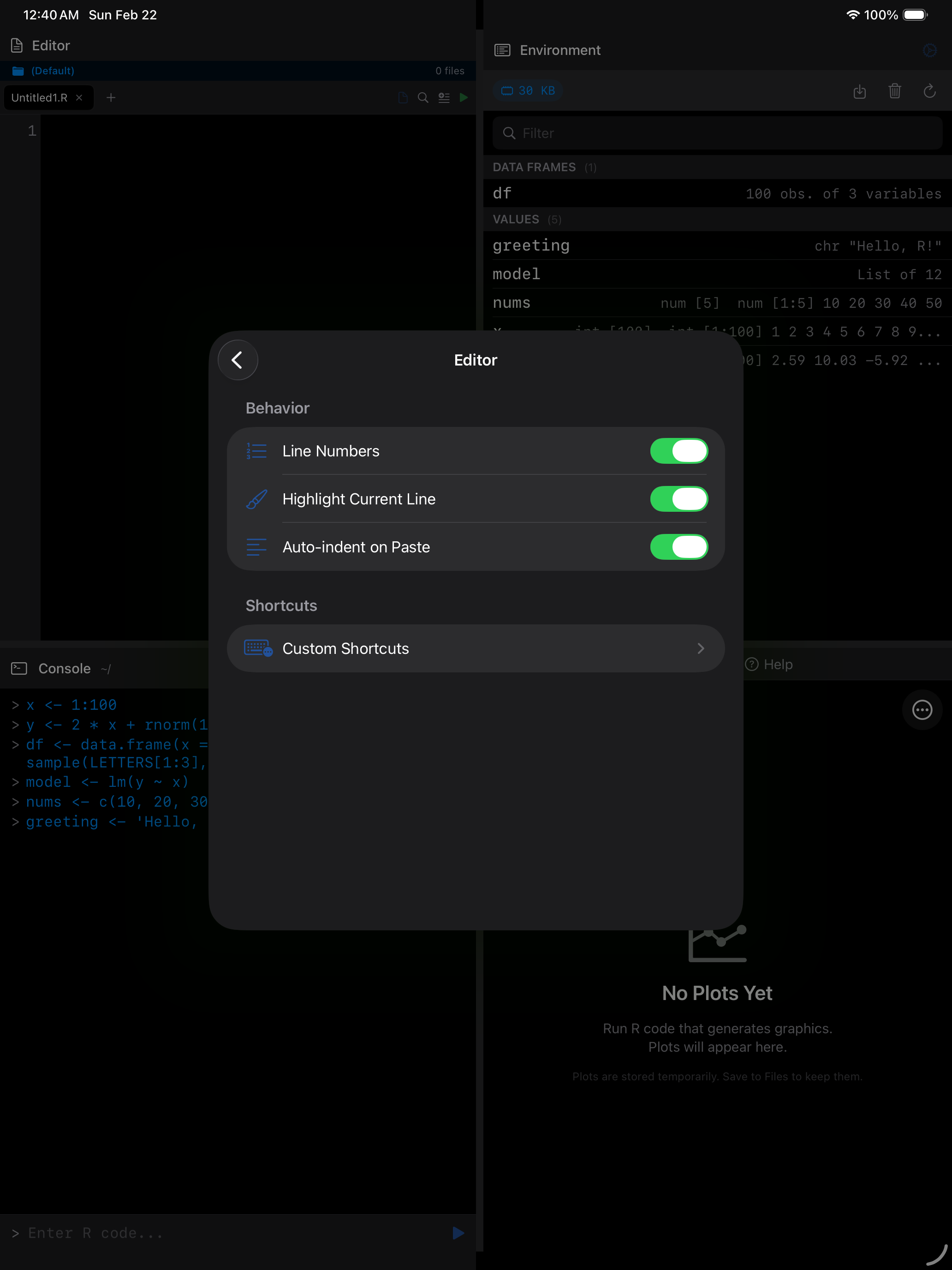 Editor settings on iPad