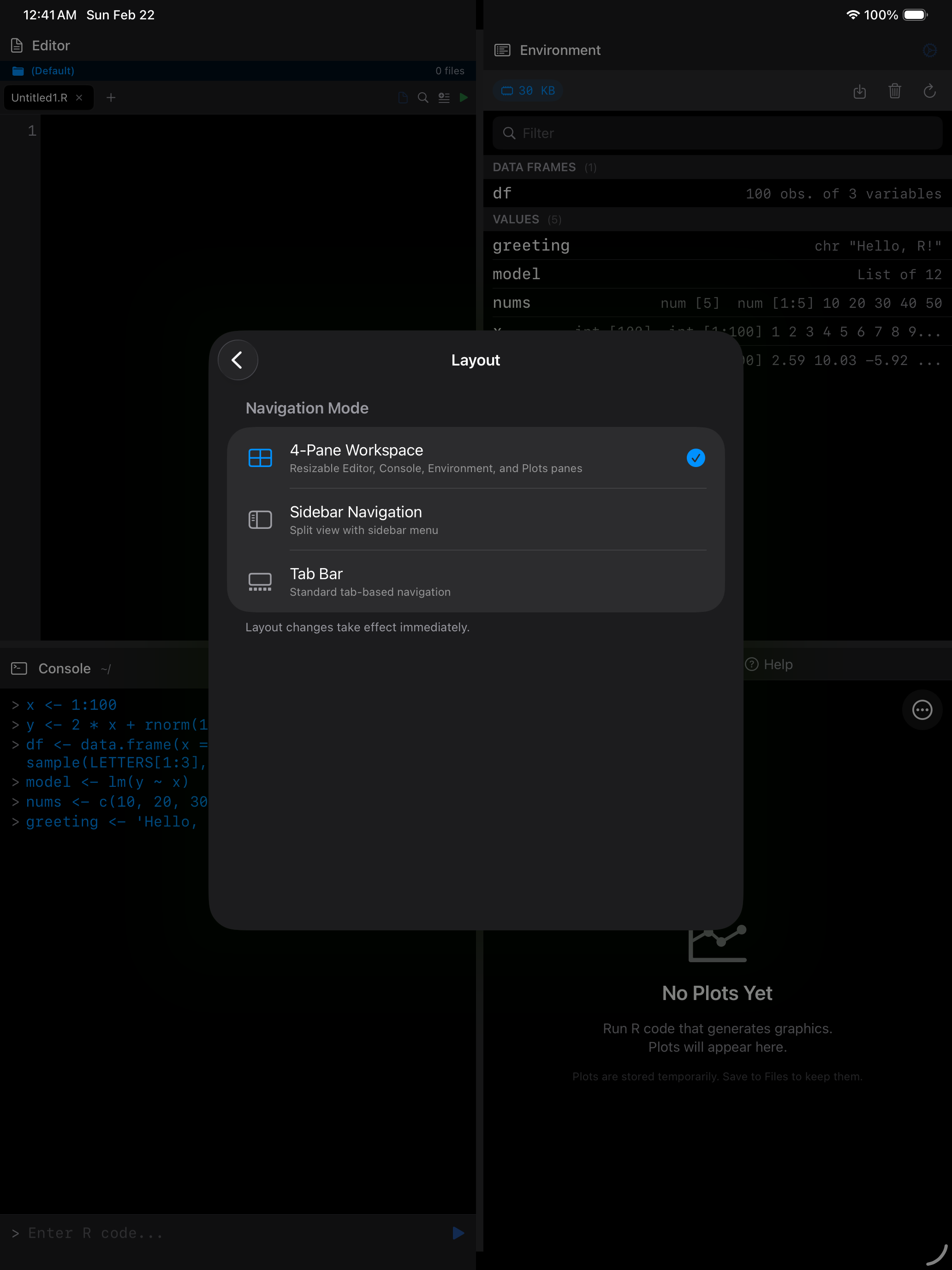 Layout settings on iPad in dark mode