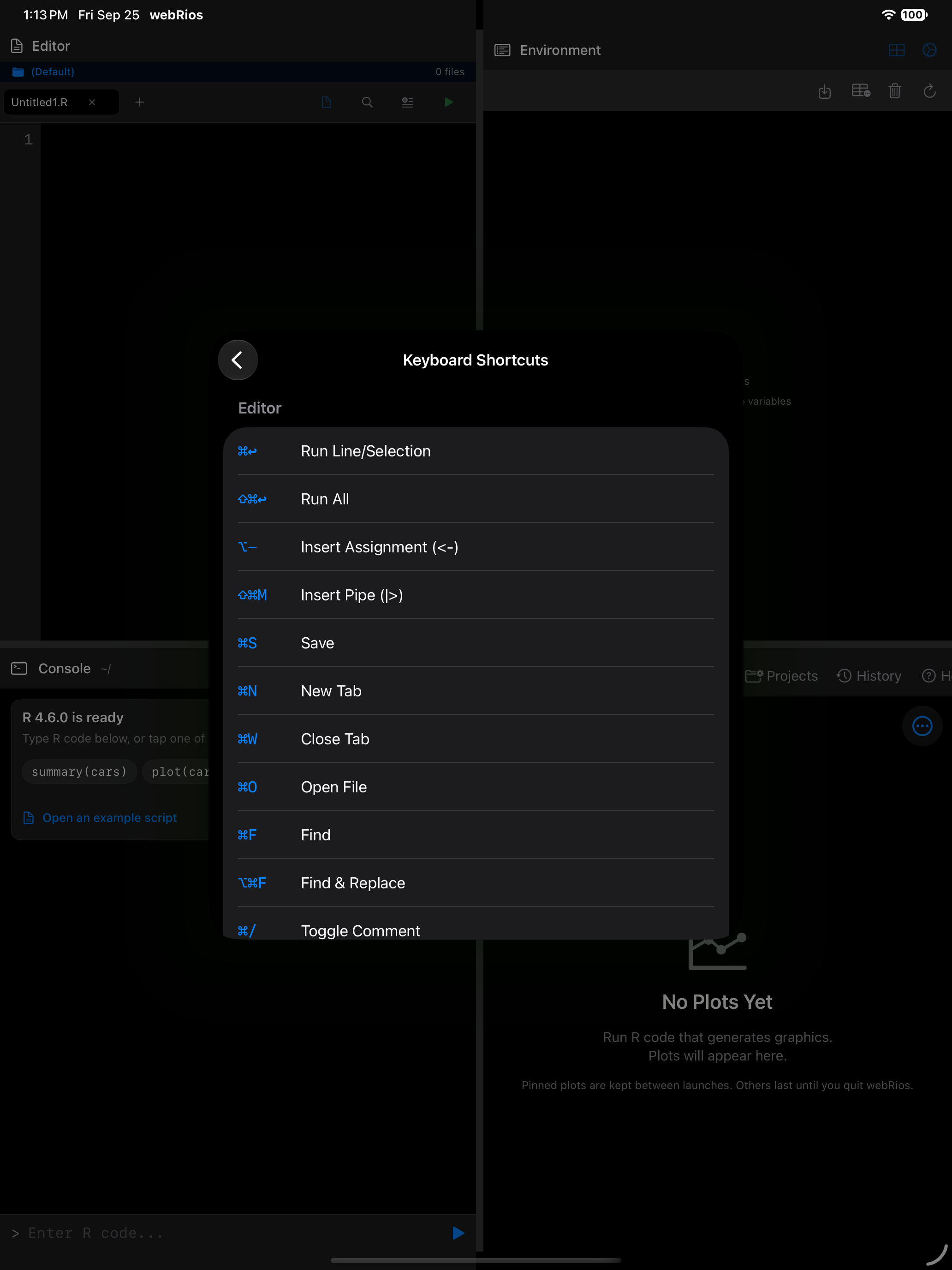 The keyboard shortcuts reference card on iPad in dark mode