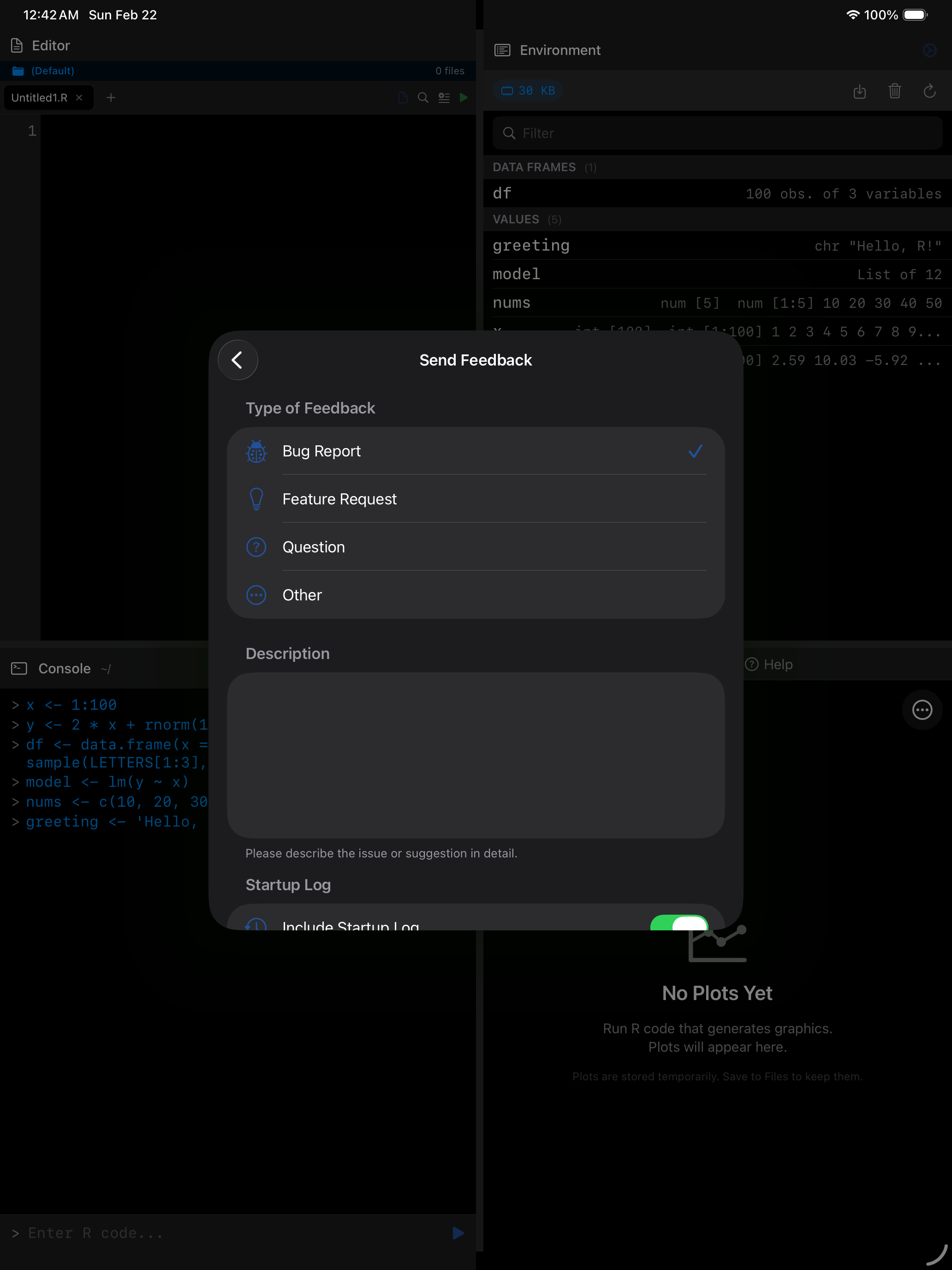 Send Feedback form on iPad in dark mode