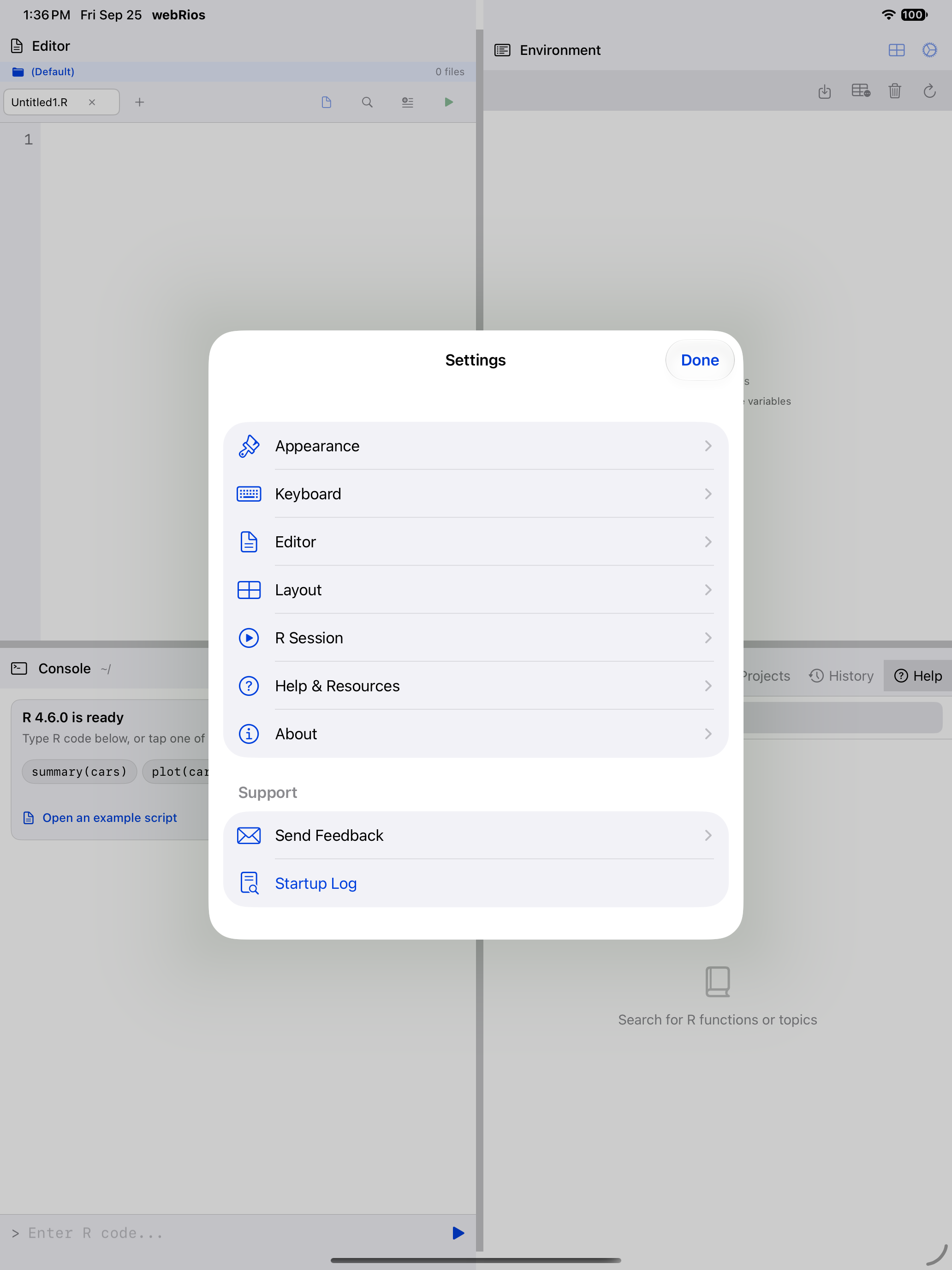 The Settings index on iPad