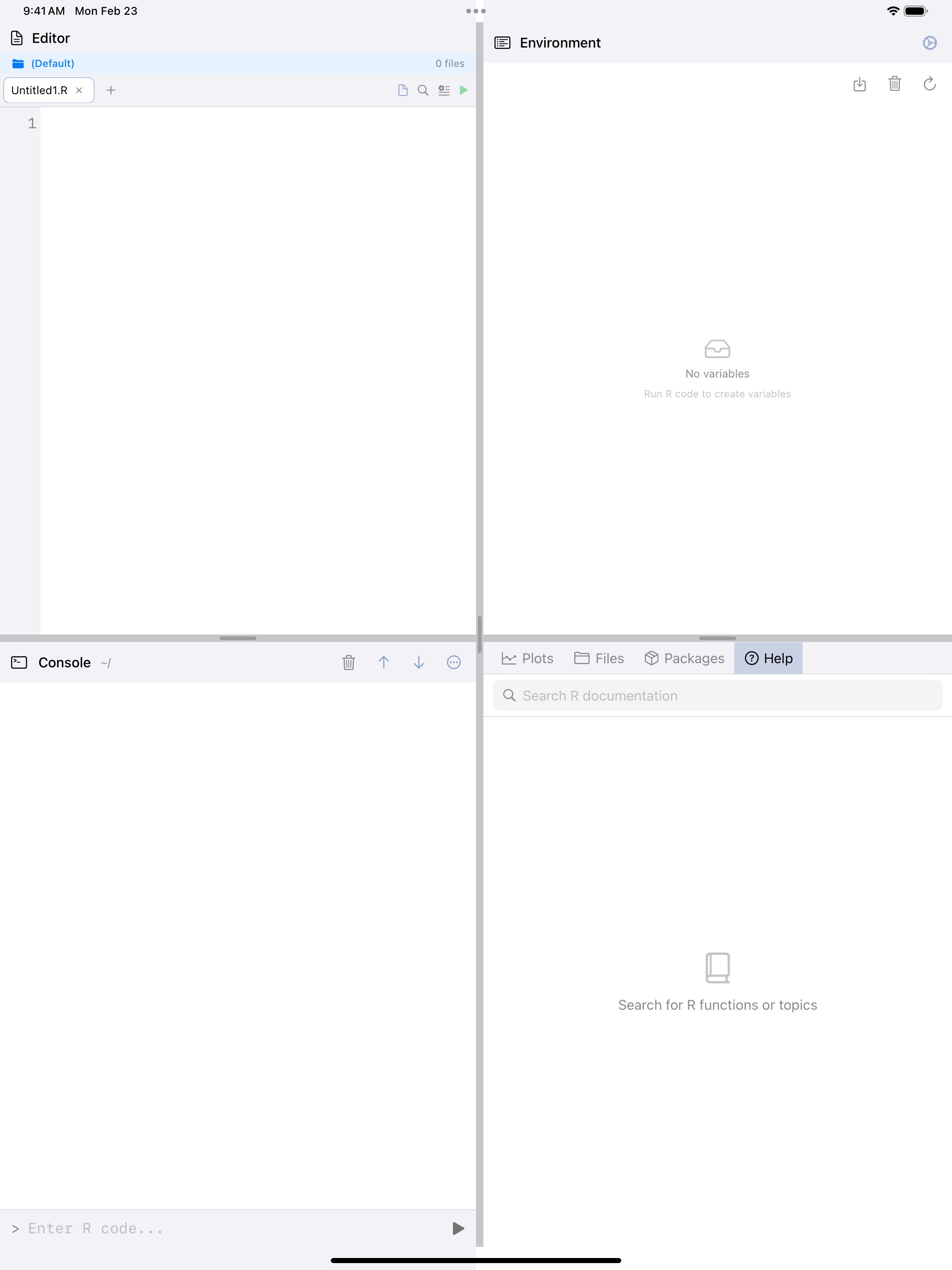 Help tab on iPad showing the search bar and empty documentation browser