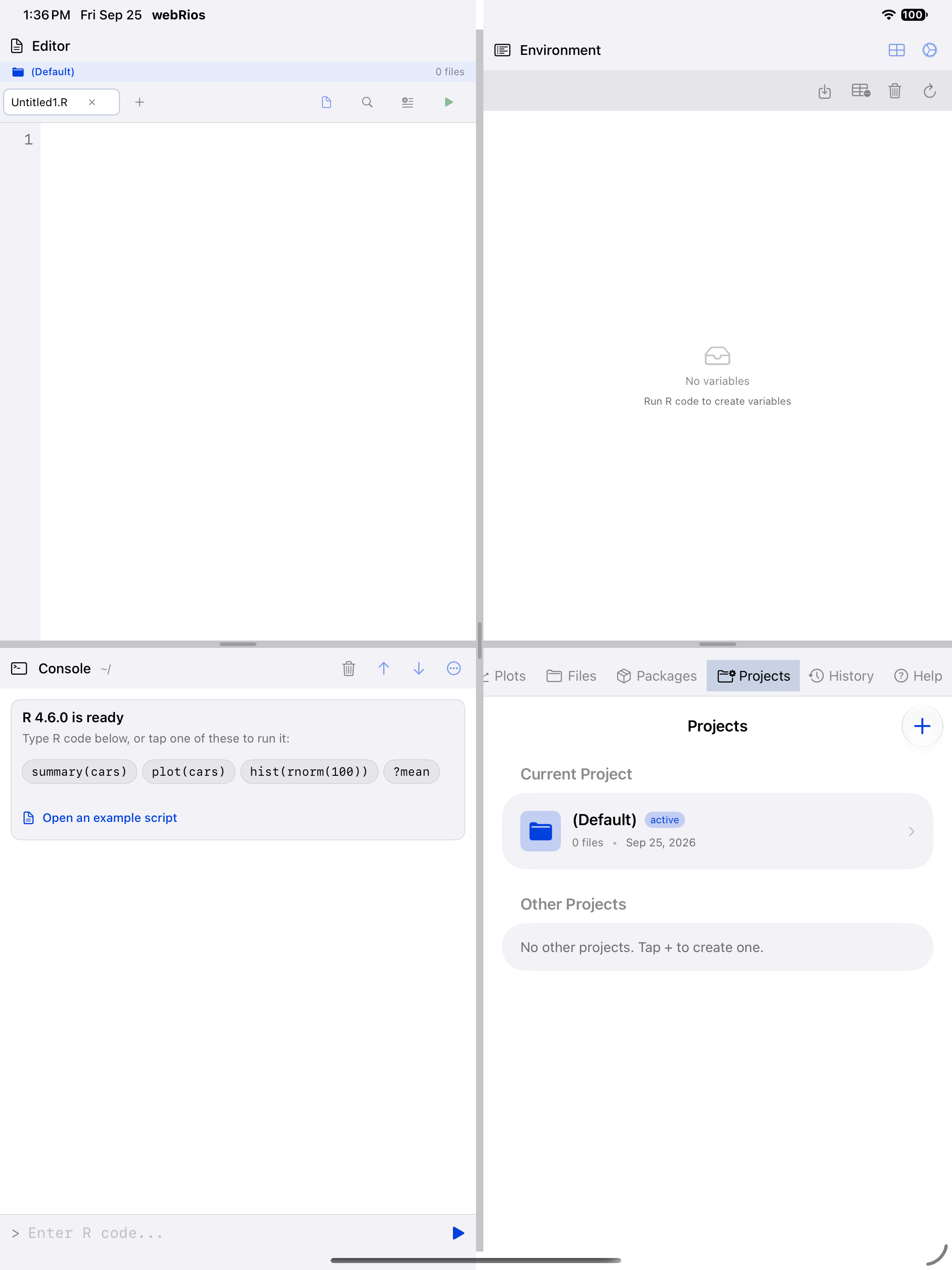 The Projects tab with no project open on iPad