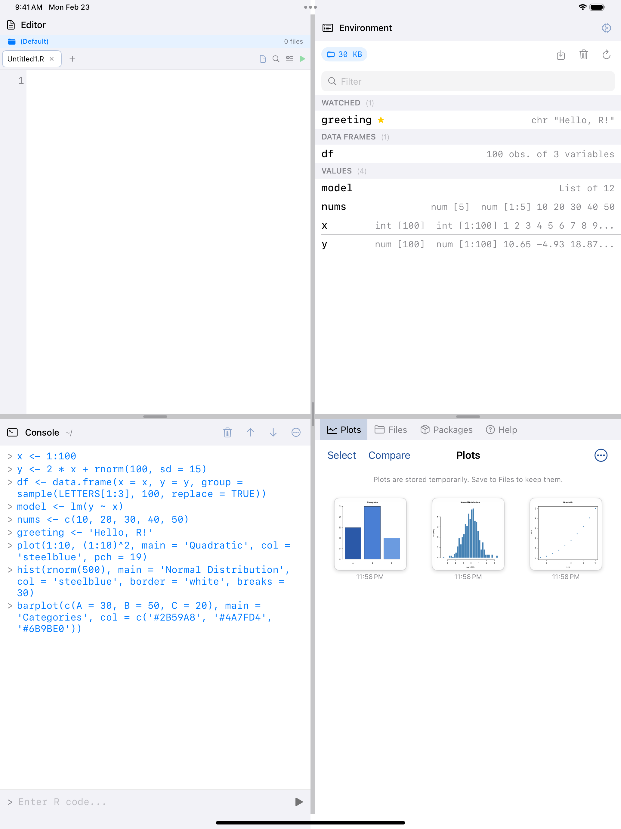 iPad showing 4-Pane Workspace layout with Editor, Console, Environment, and Plots panes visible simultaneously