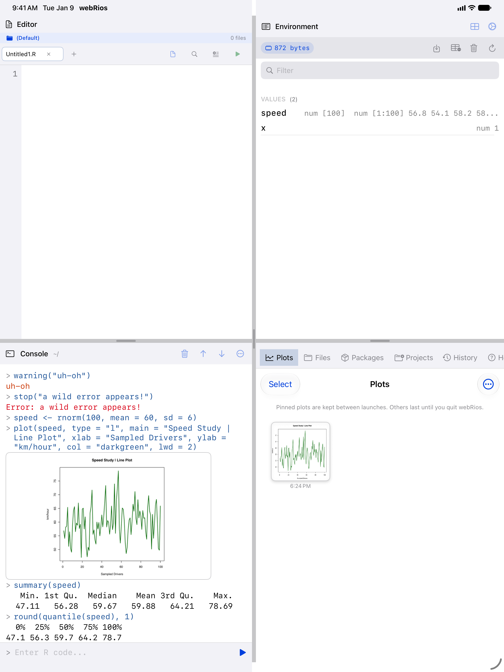 Console with R output on iPad