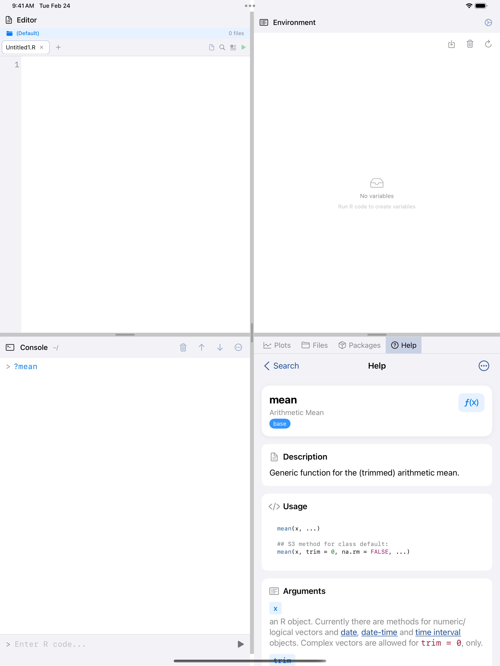 Help page for mean() on iPad showing full documentation with title, description, usage, arguments, and examples