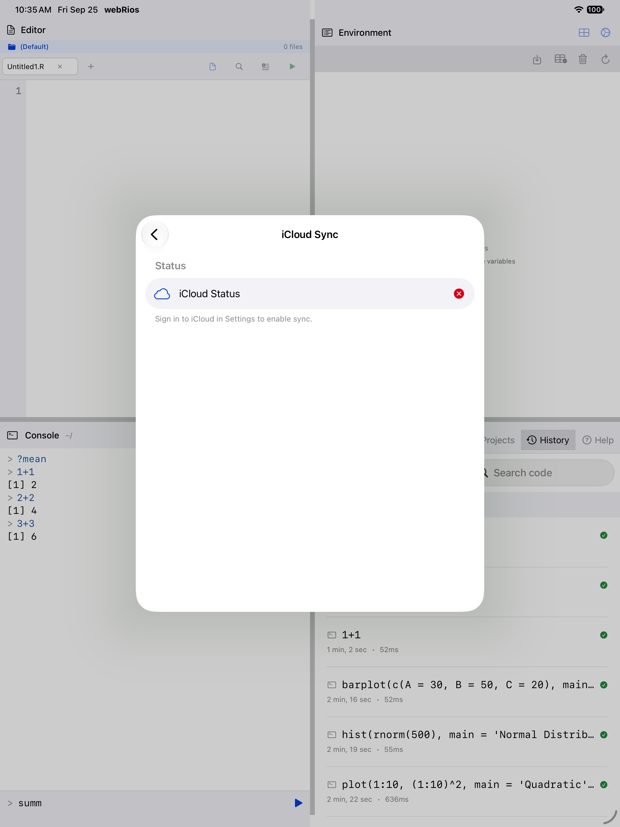 iCloud Sync settings showing status and sync actions on iPad