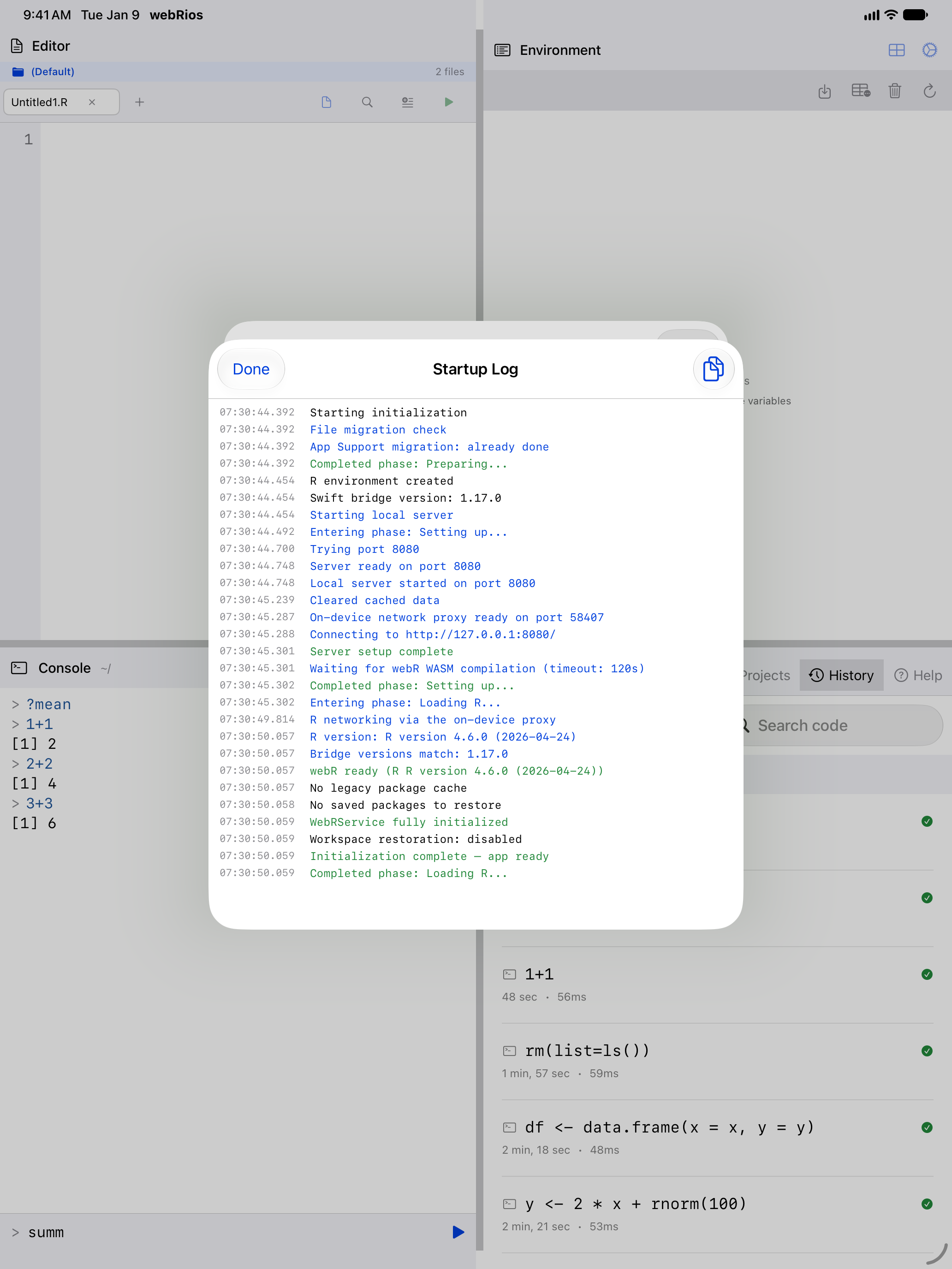 Startup log showing initialisation stages on iPad