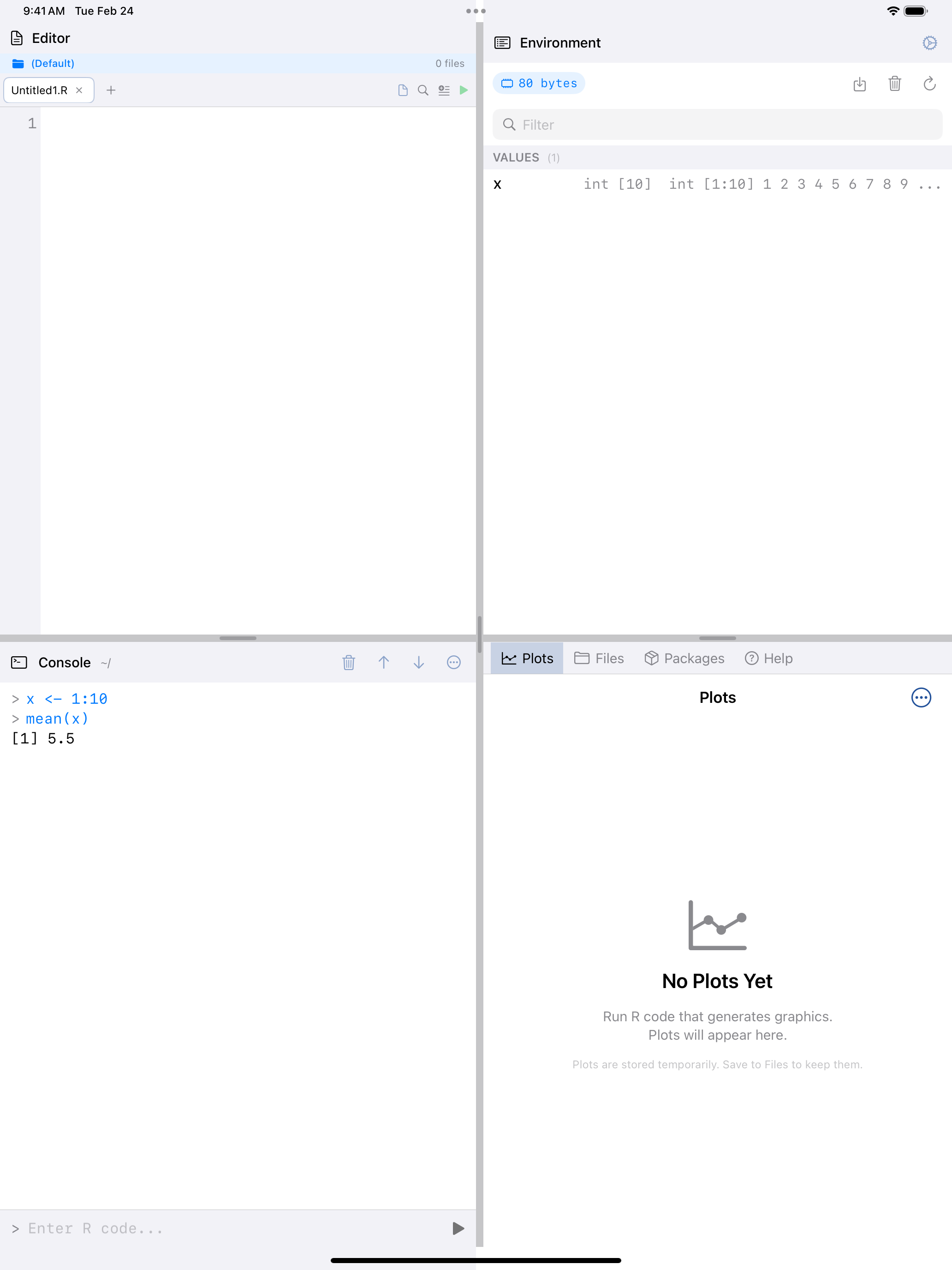 Console after running mean(x) on iPad