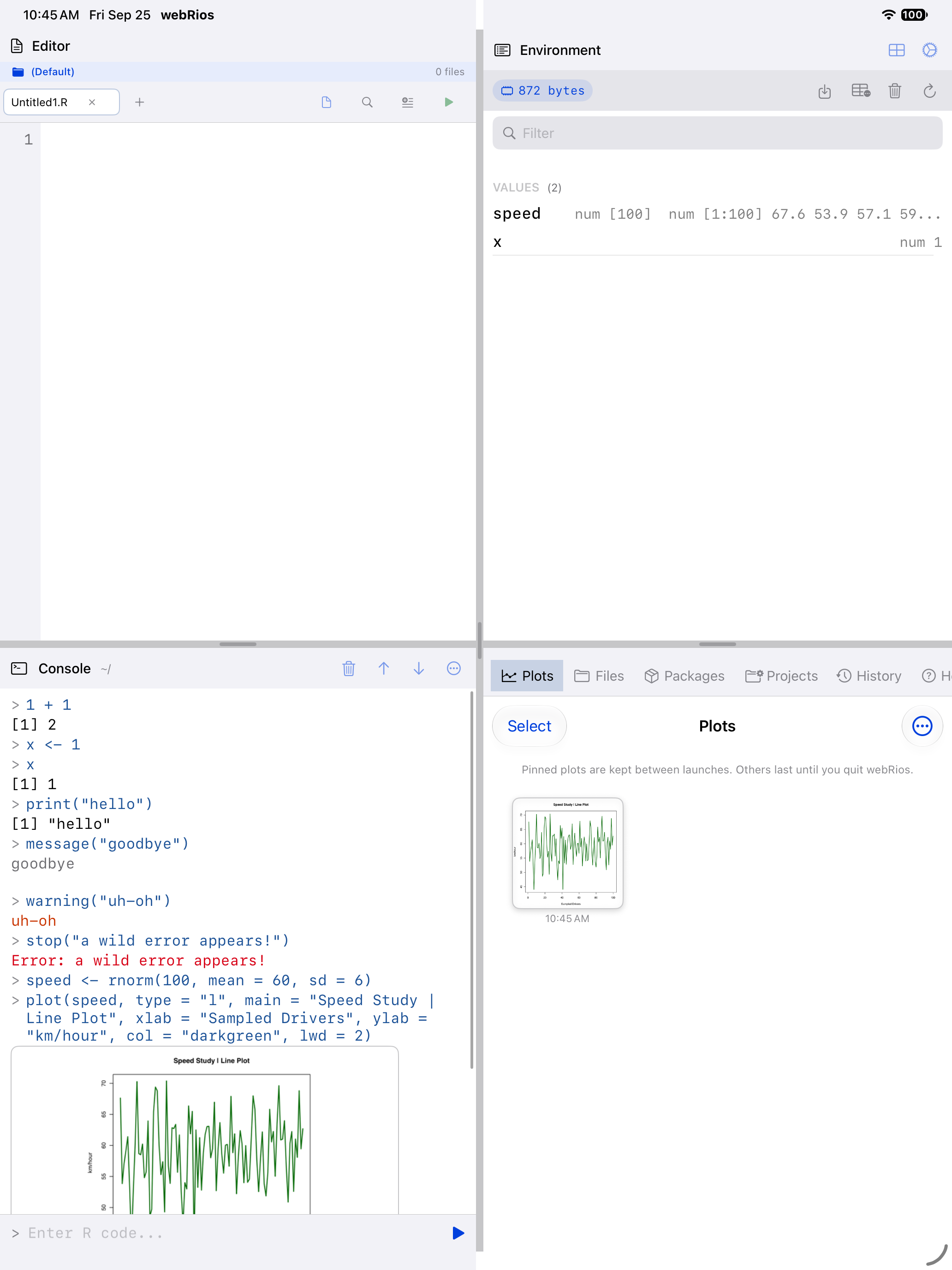The Editor tab active, with a script open on iPad