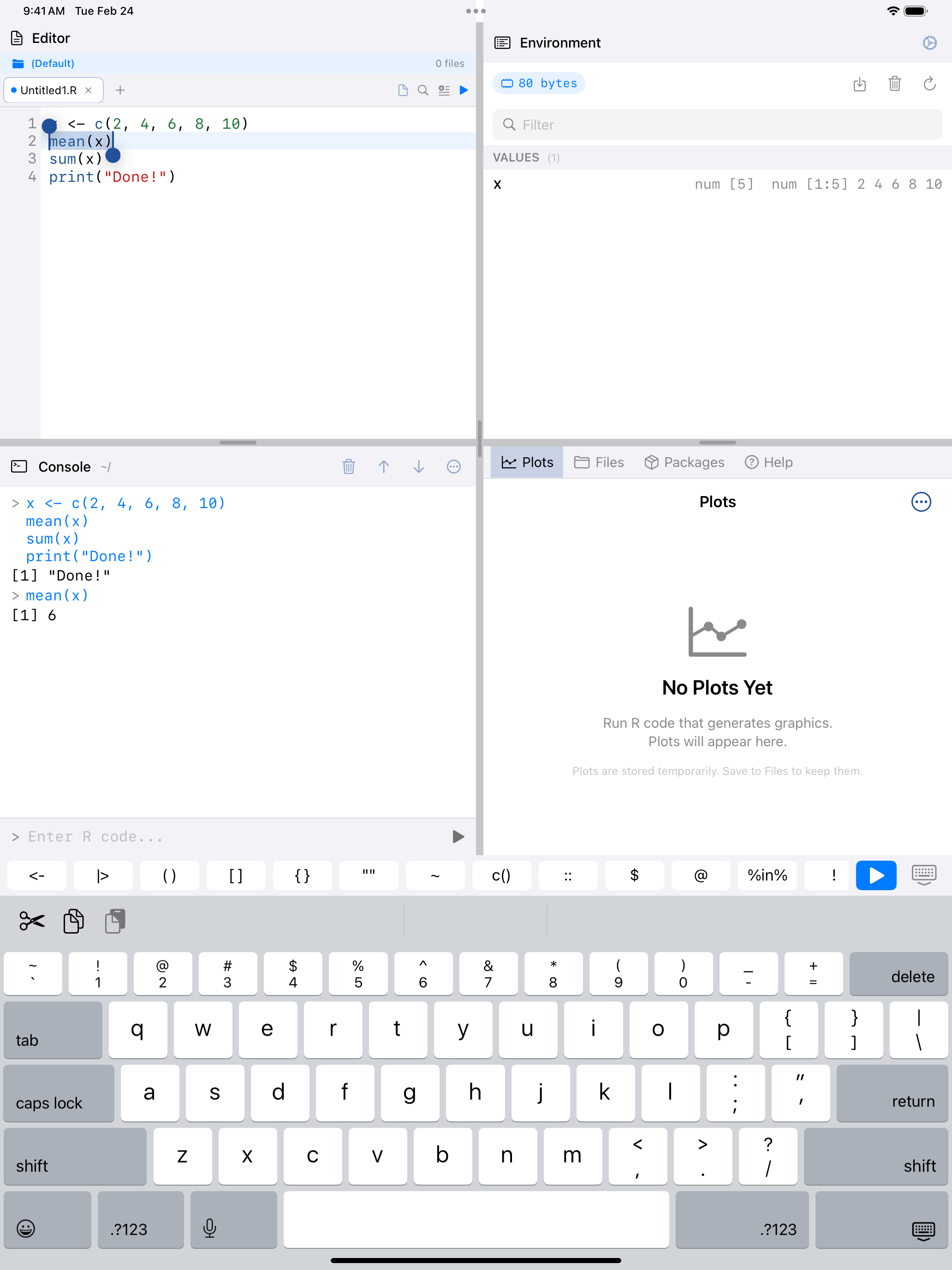 Run selection with blue play button on iPad
