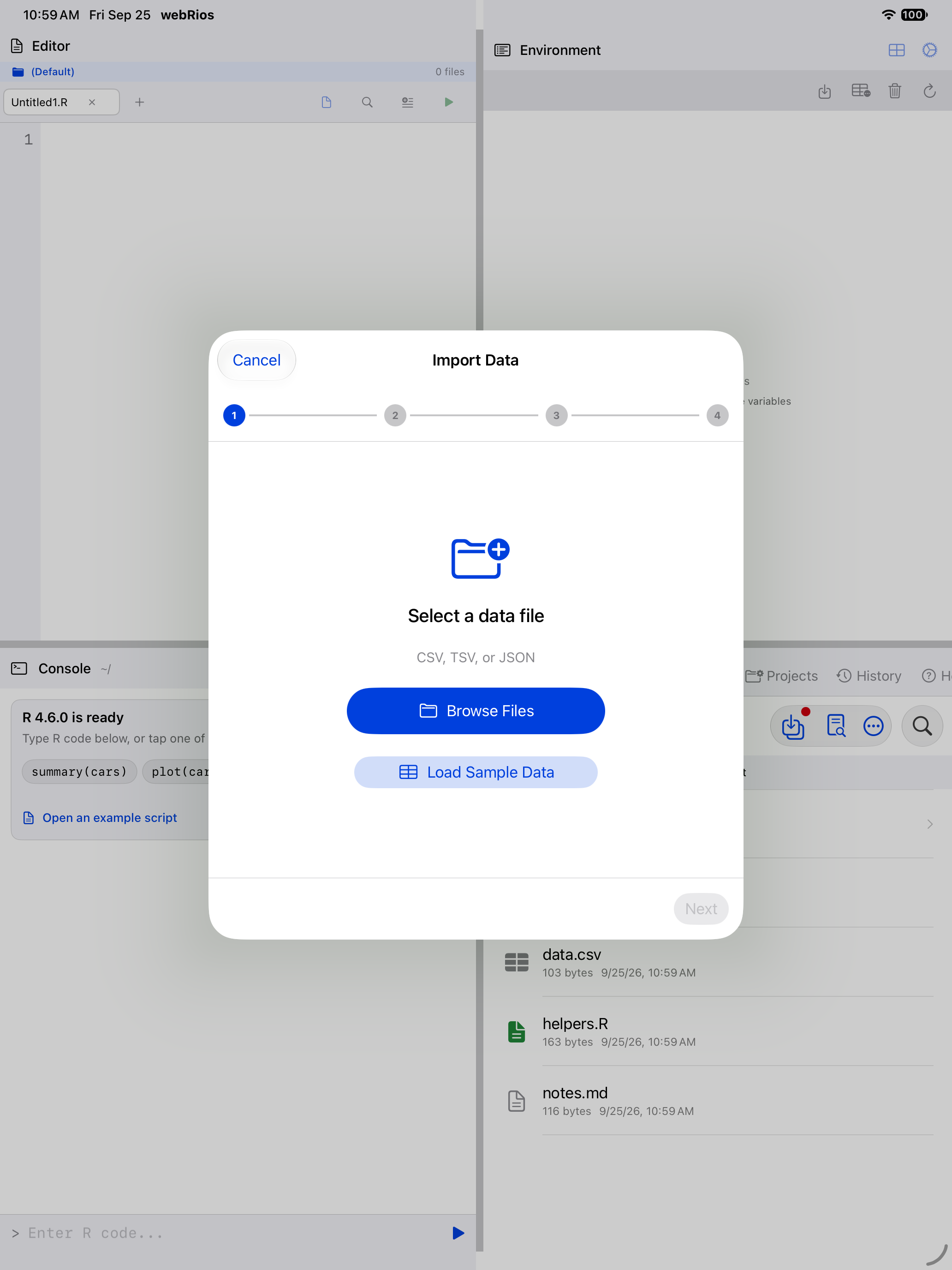 Data Import Wizard step 1 with Browse Files and Load Sample Data on iPad