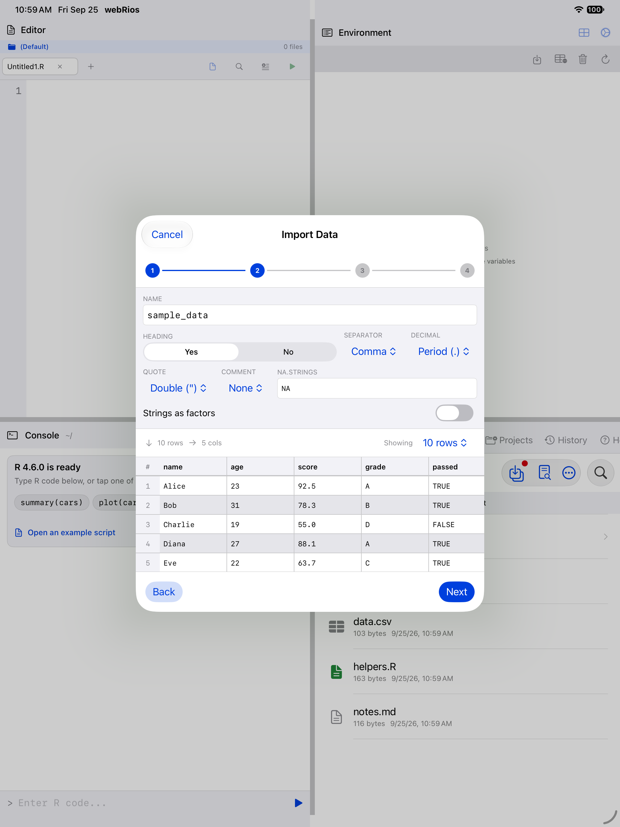 Wizard parsing options with live data preview on iPad