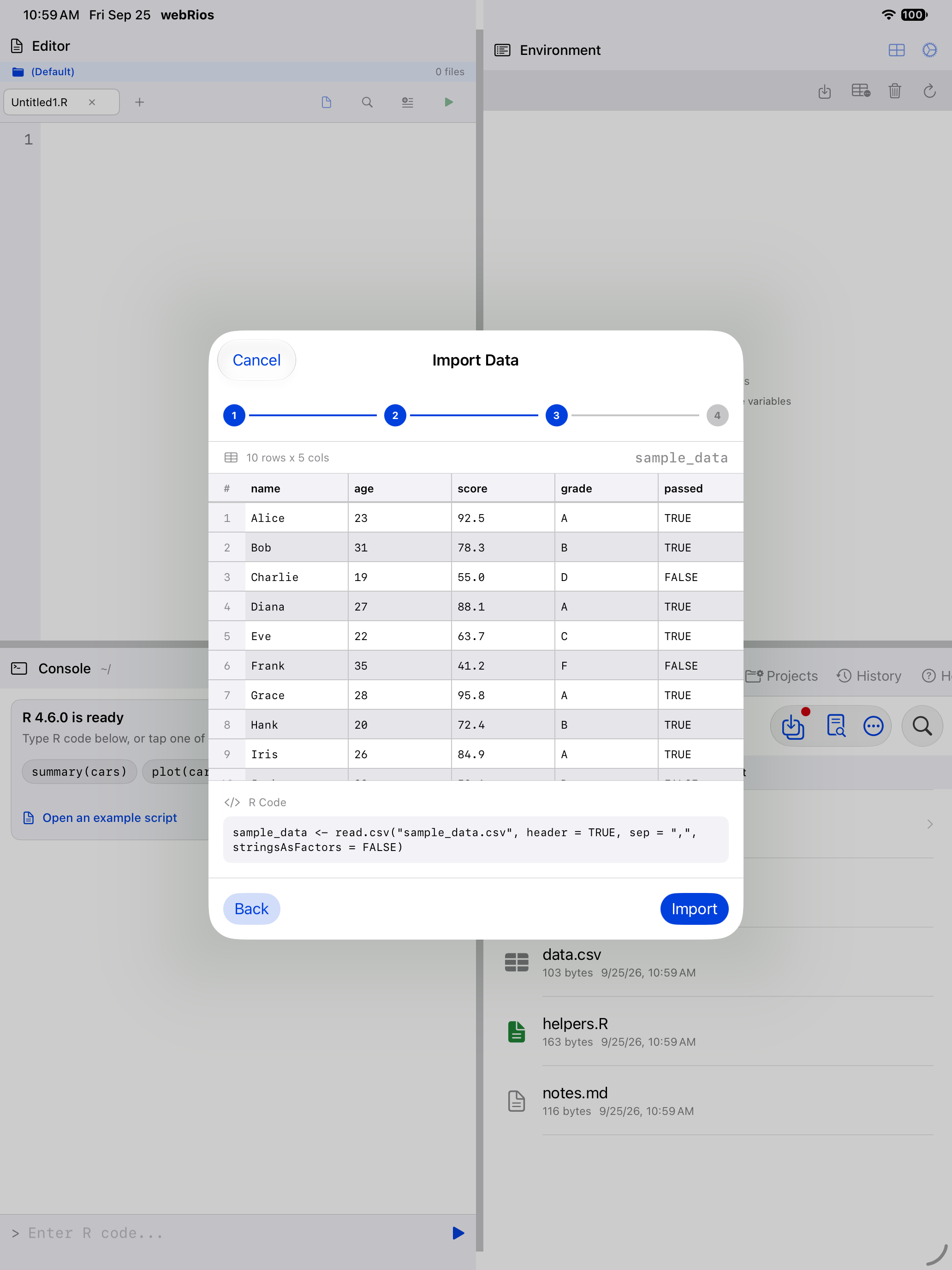 Wizard review step showing the generated read.csv call on iPad