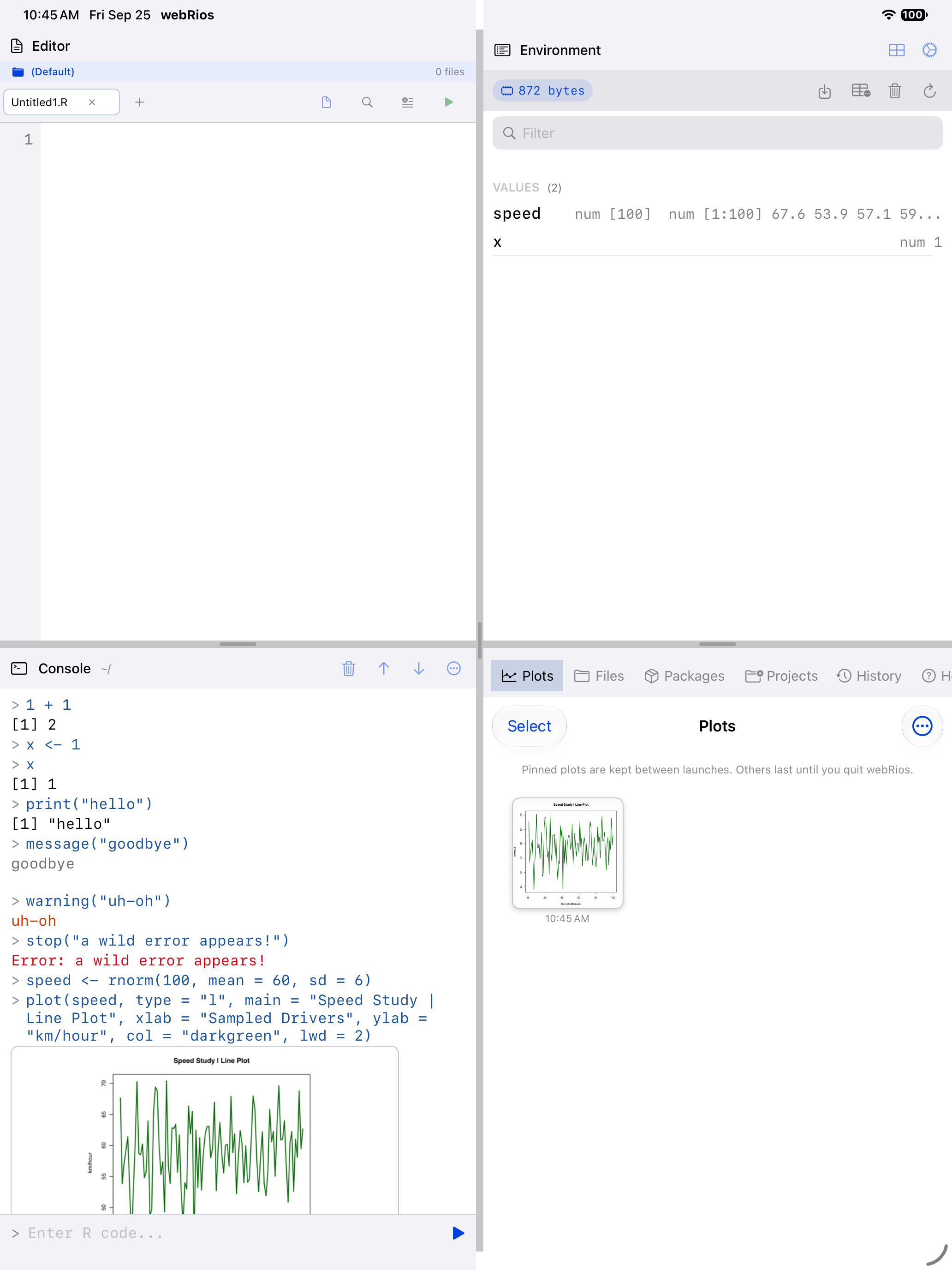 The Environment tab active, listing variables on iPad