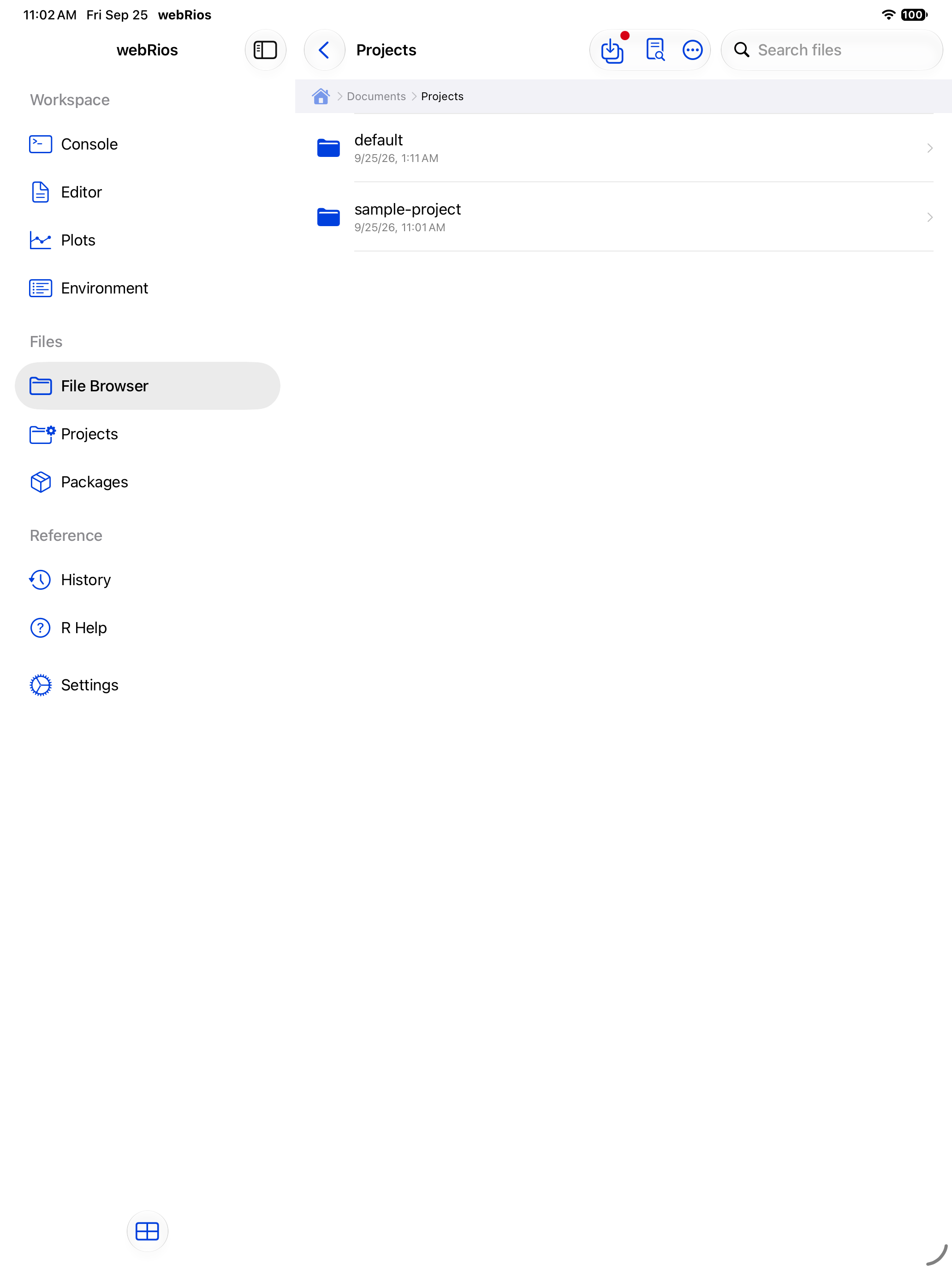 Documents Projects folder with one folder per project on iPad