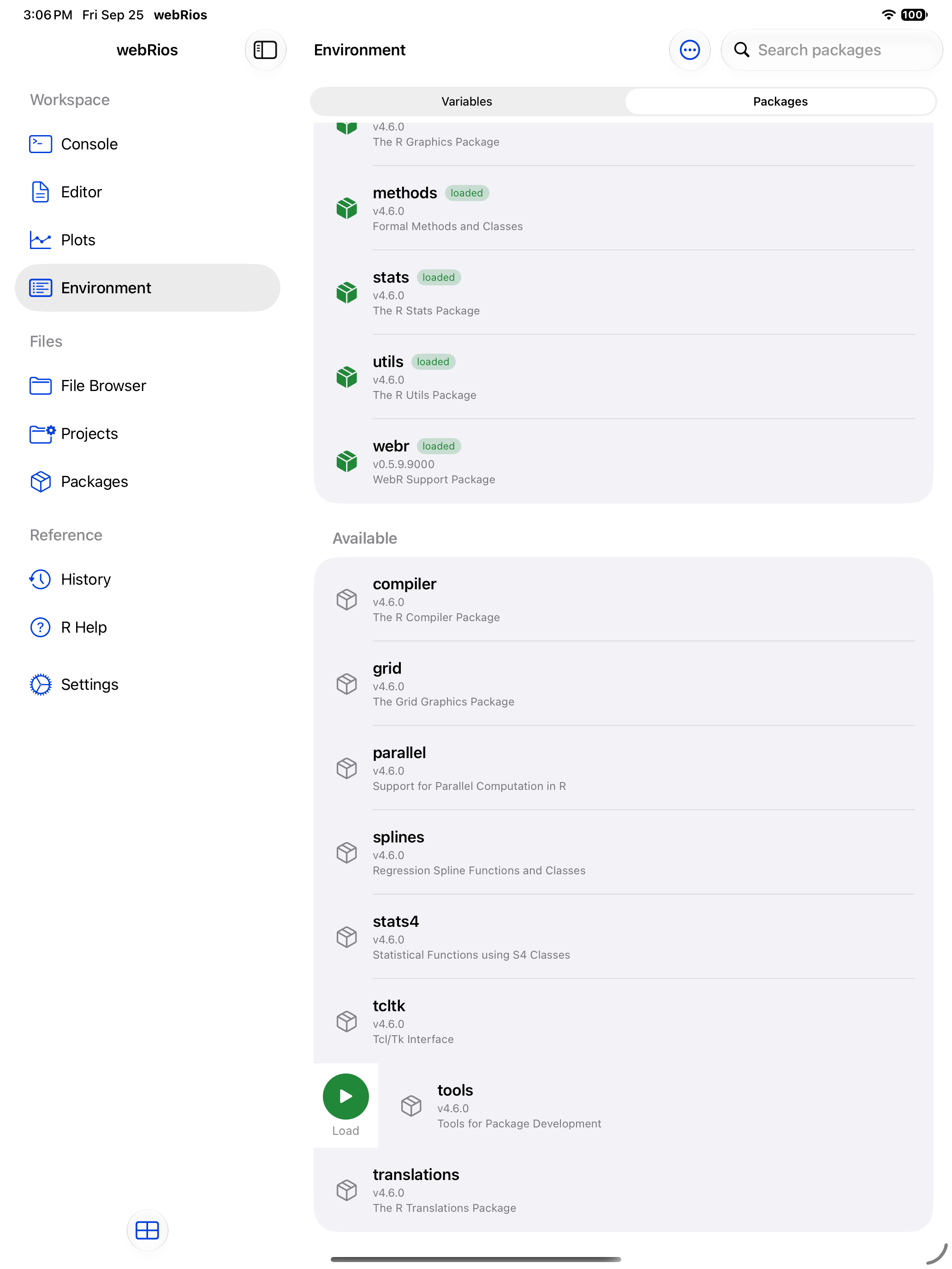 Package row swiped right revealing the green Load button on iPad