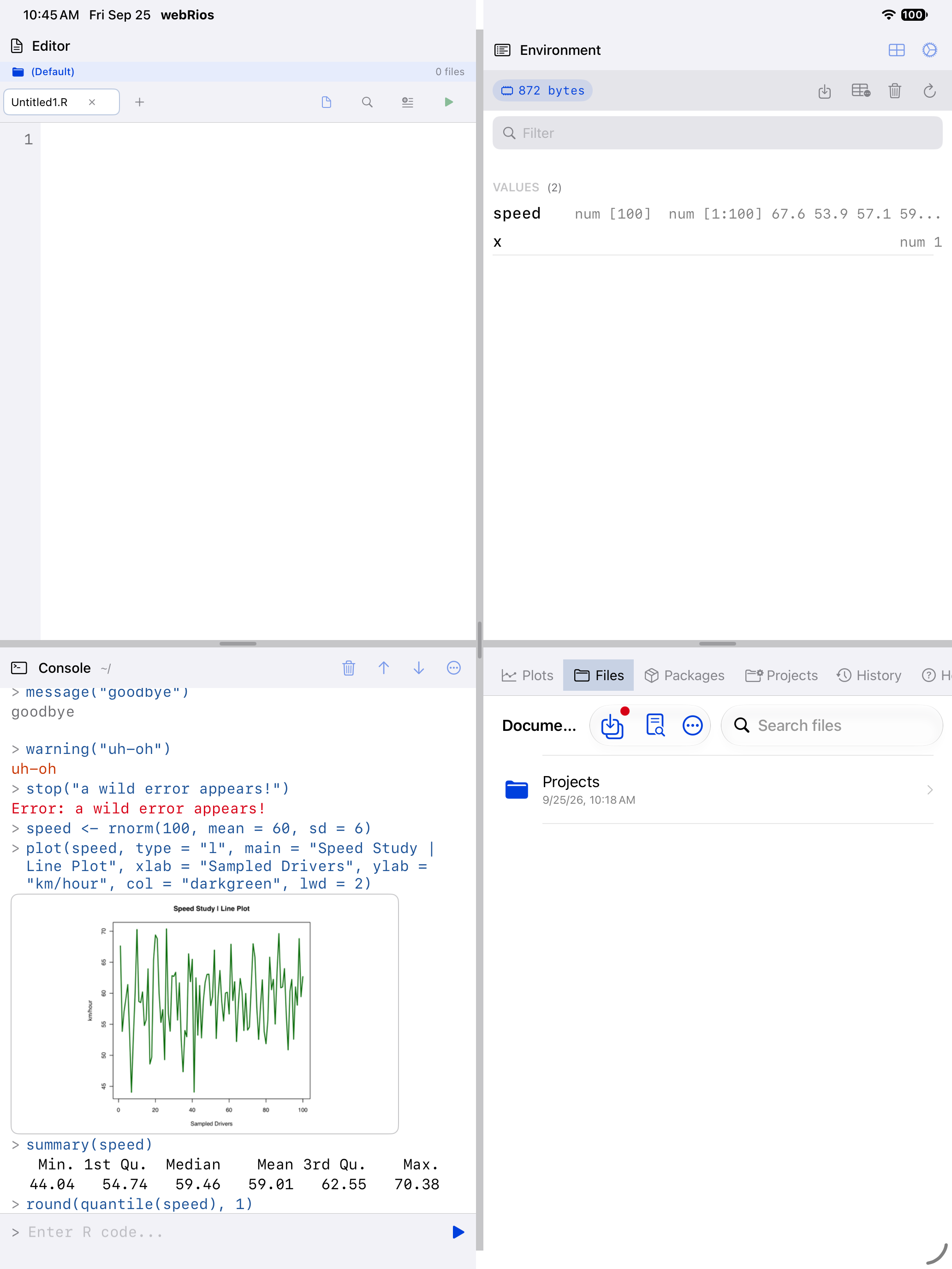 The Files tab active, showing saved scripts on iPad