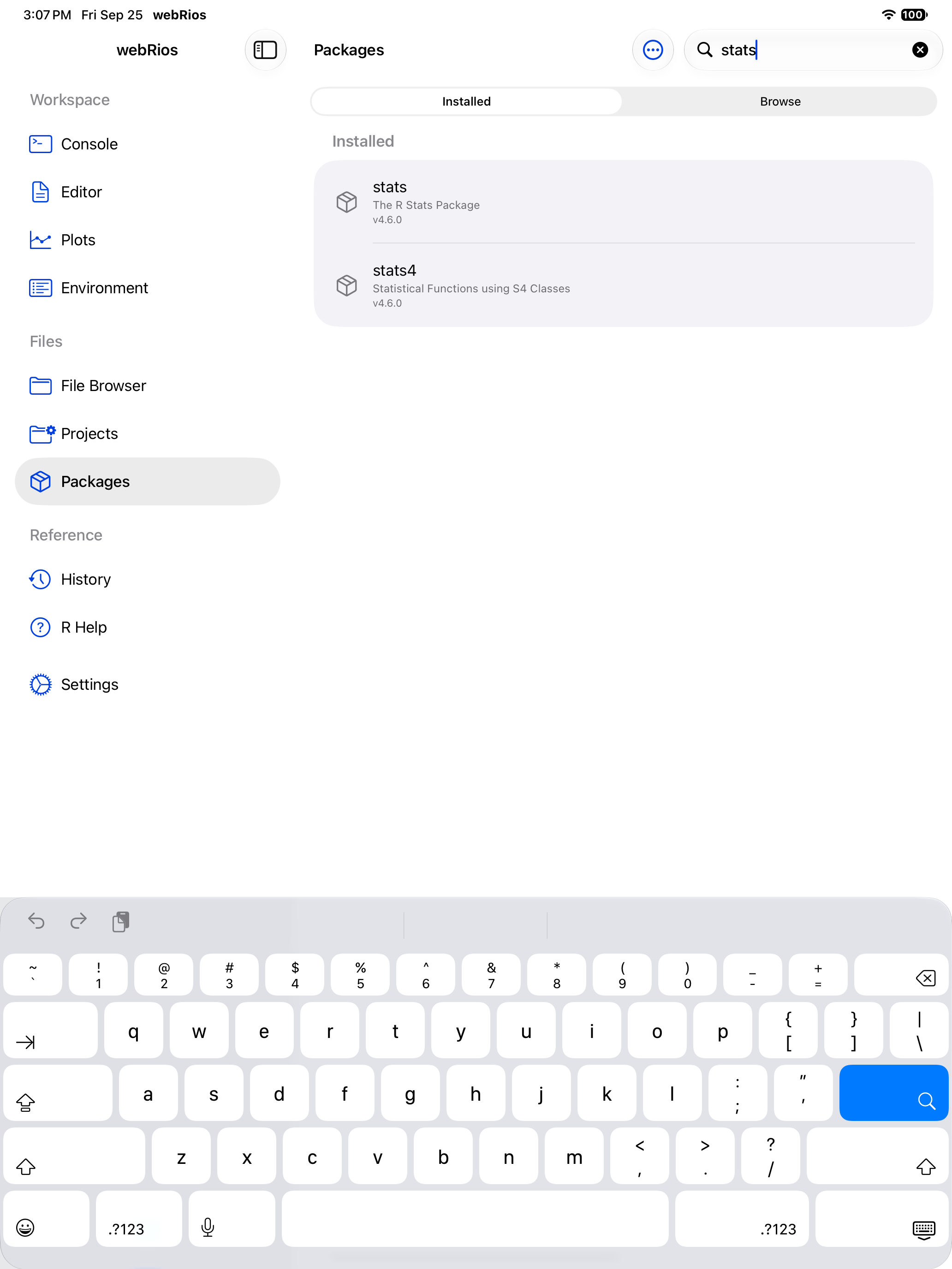 Packages tab search filtering the installed list on iPad