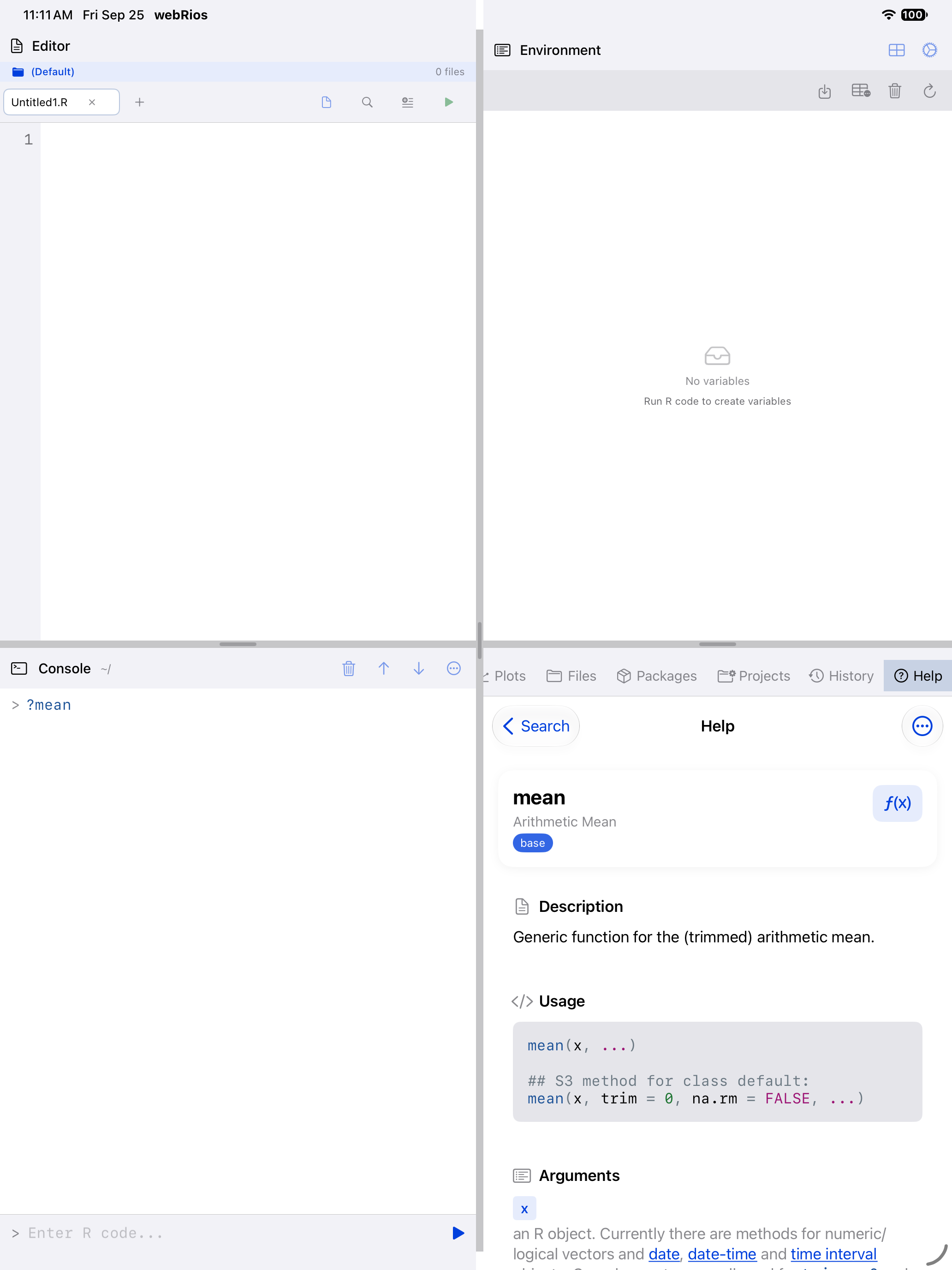 Help page for the mean function opened from the Console on iPad