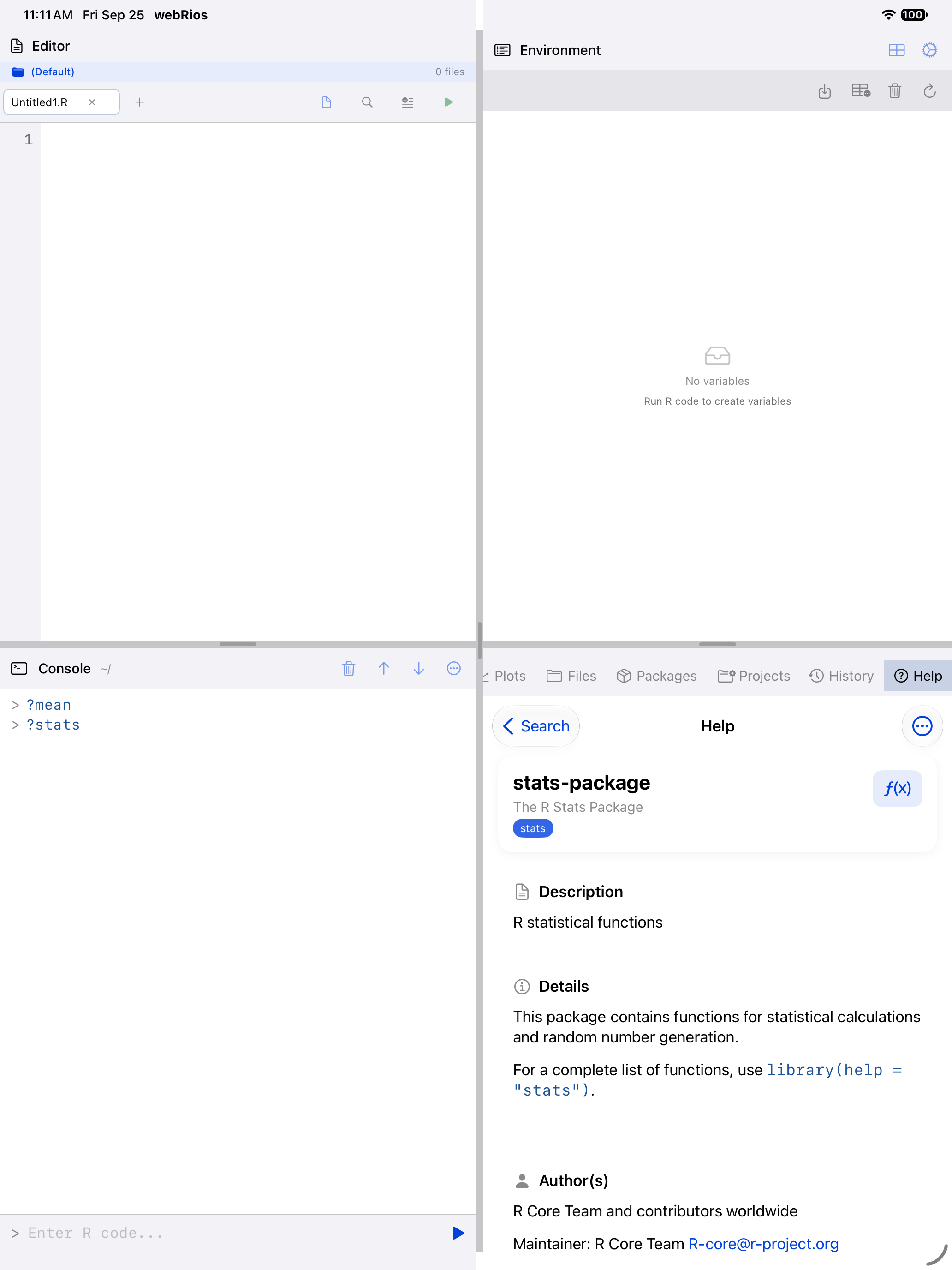 Package index page listing a package's functions on iPad