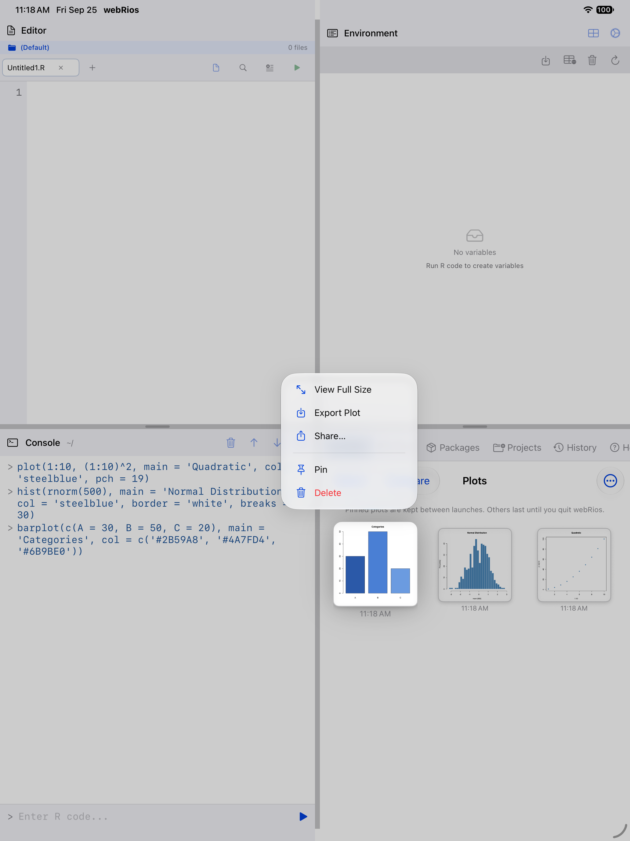 Long press context menu on a plot thumbnail showing Pin on iPad