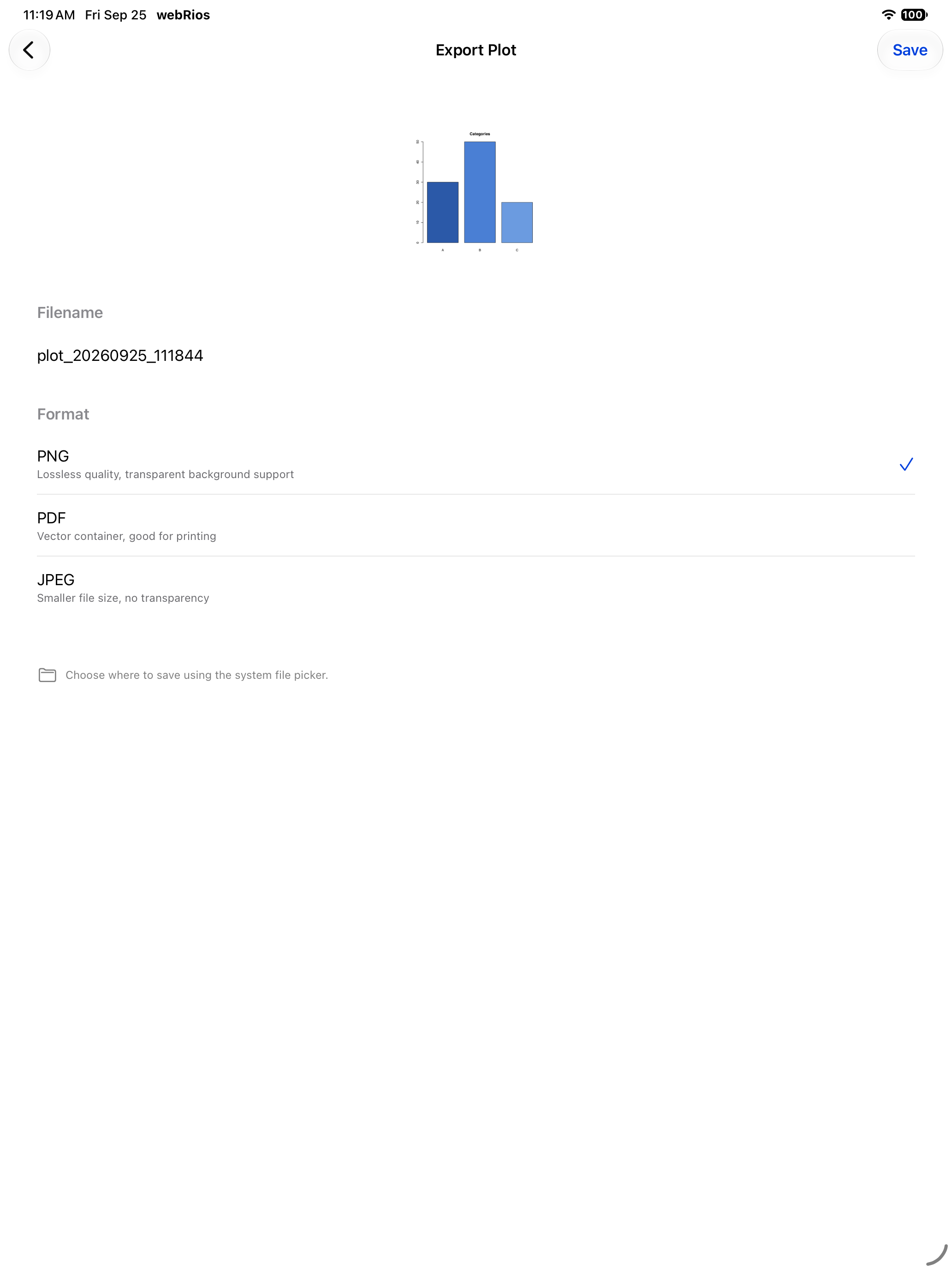 Export page with filename field and format options on iPad
