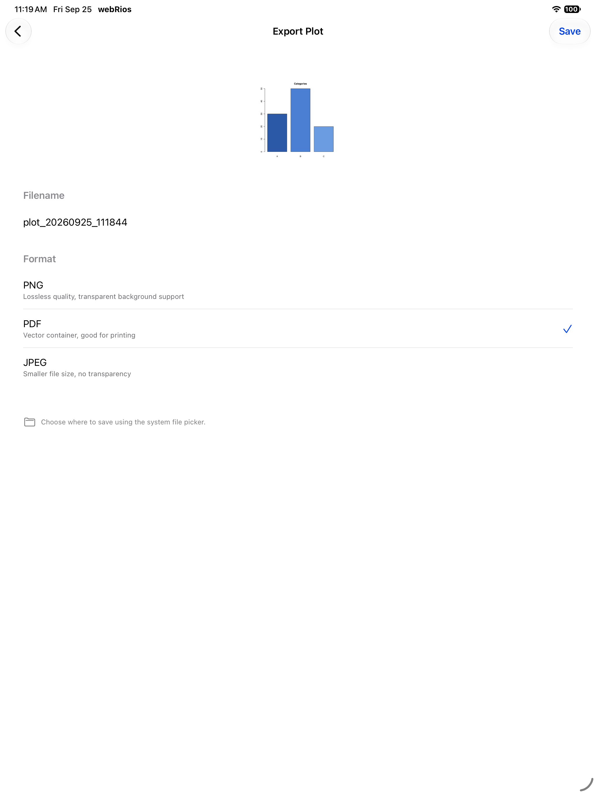 Export page with PDF selected as the format on iPad