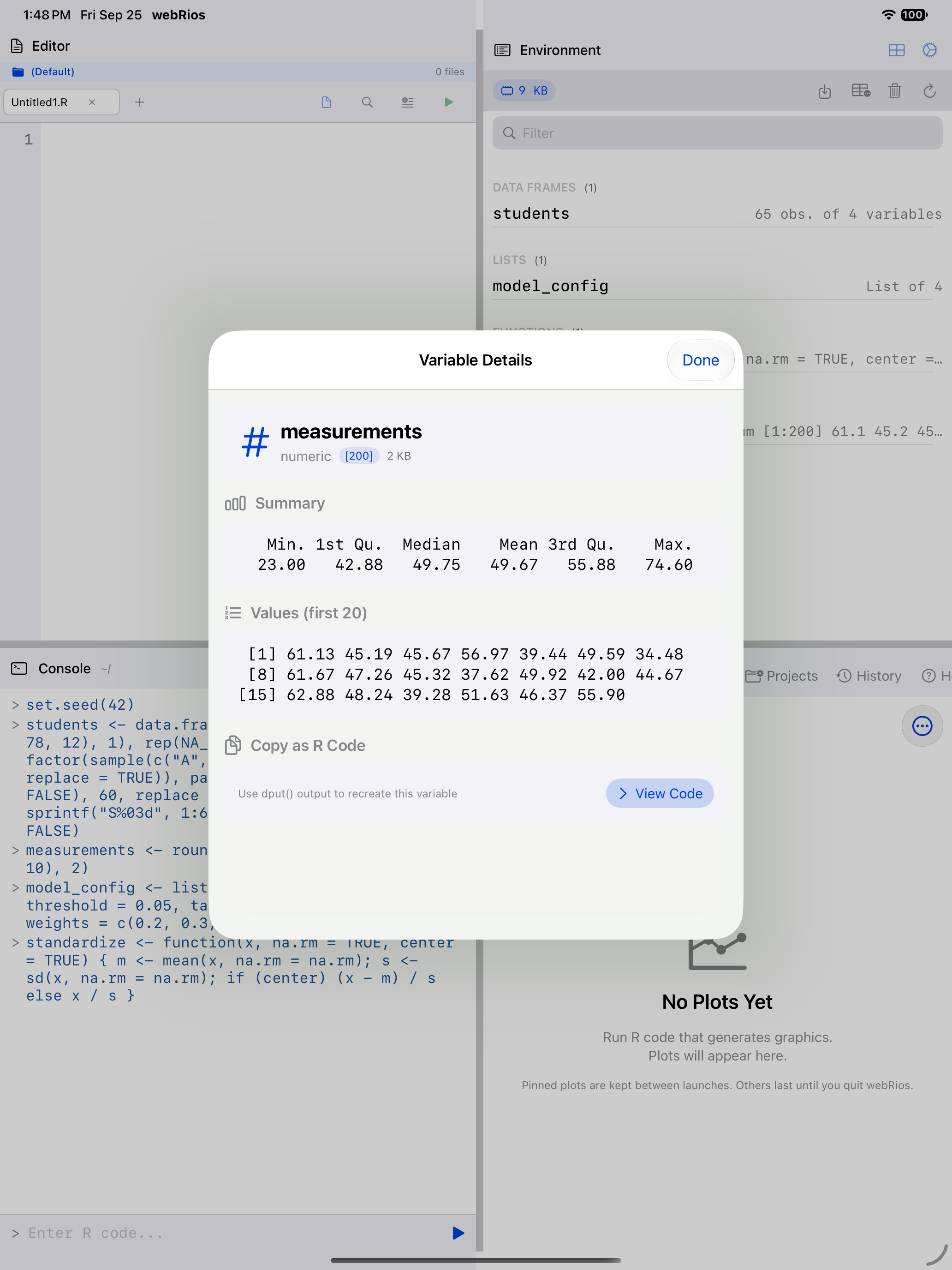 Variable details for a numeric vector showing summary and first elements on iPad