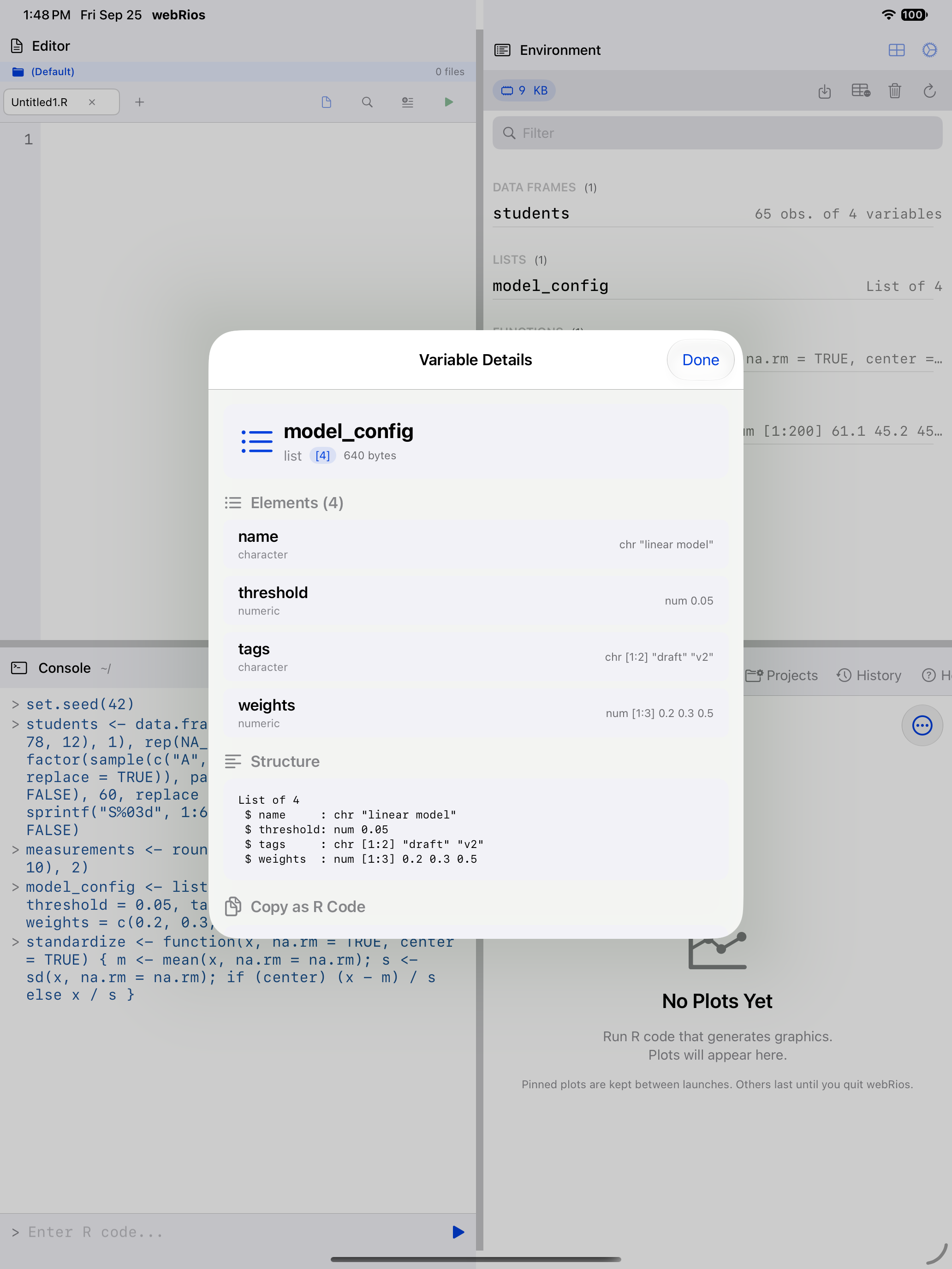 Variable details for a list showing its structure and elements on iPad