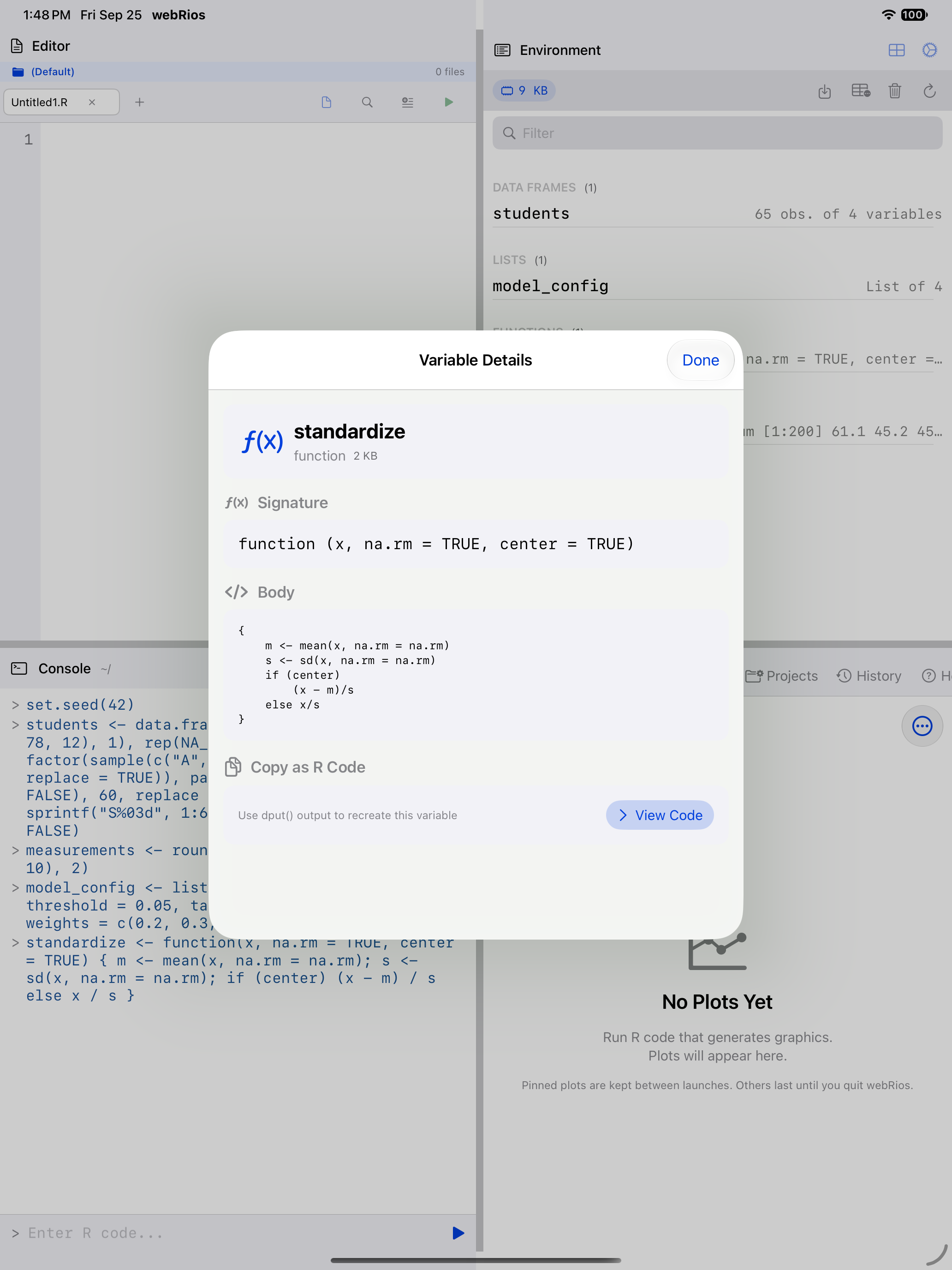 Variable details for a function showing its signature and body on iPad