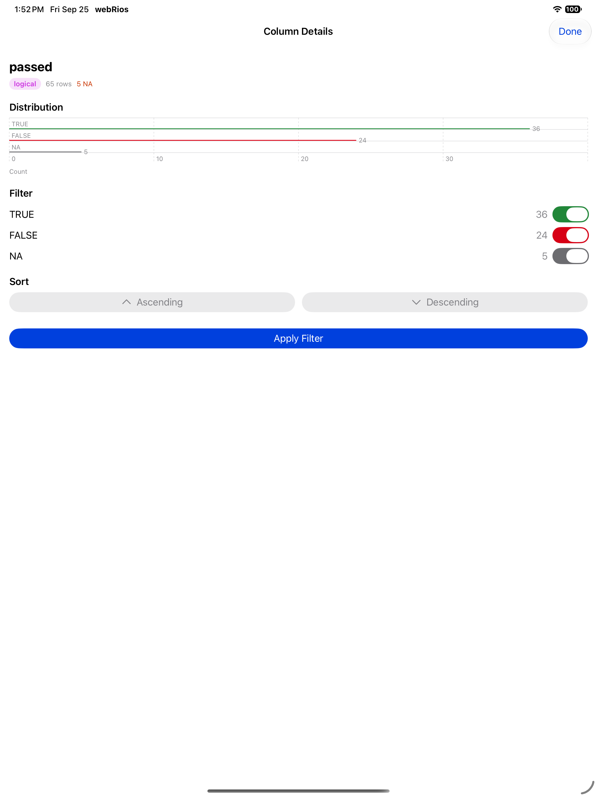 Column details for a logical column with TRUE FALSE and NA toggles on iPad