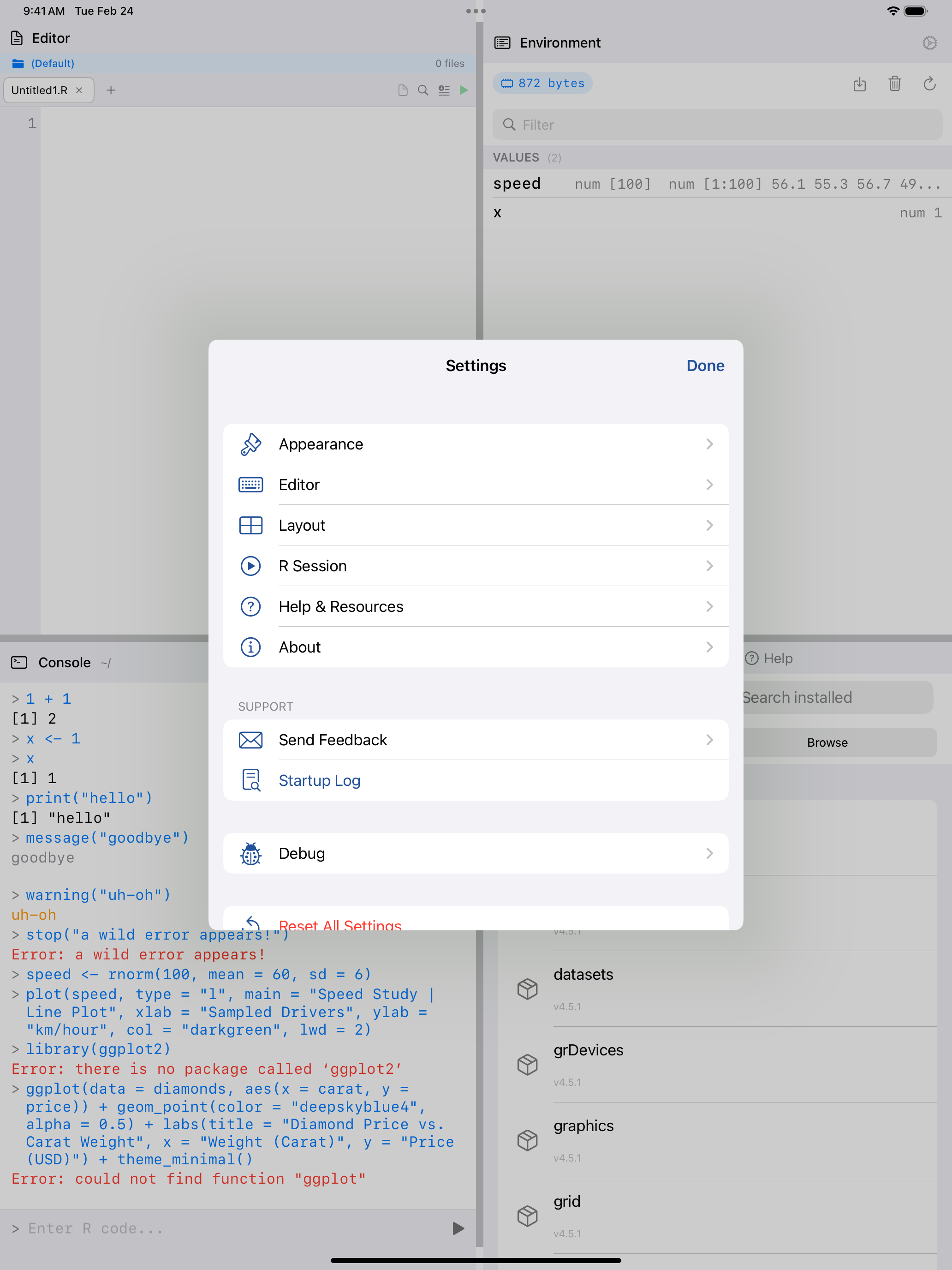 Settings tab on iPad showing sections for Appearance, Editor, Layout, R Session, Help, and About